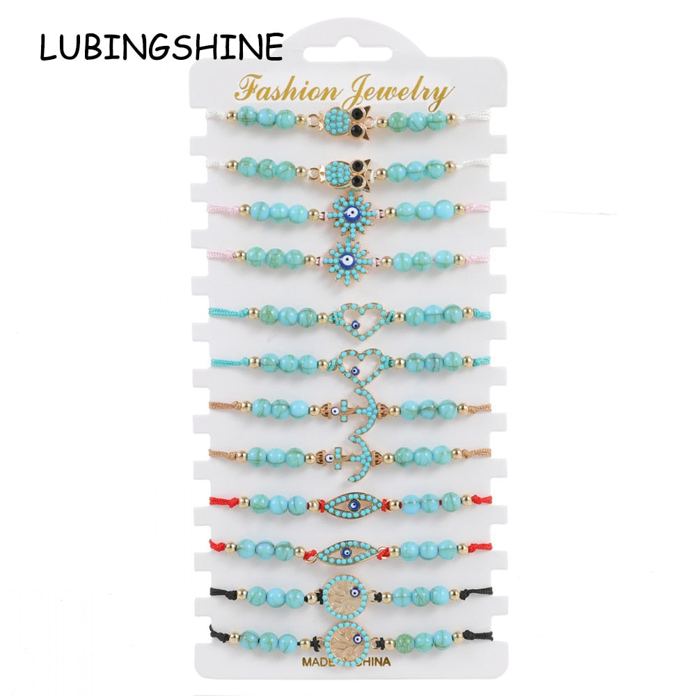 12pcs Boho Bracelets Sets Owl Charm Bangles Blue Stone Evil Eye Beads Adjustable Bracelet Women Fashion Jewelry