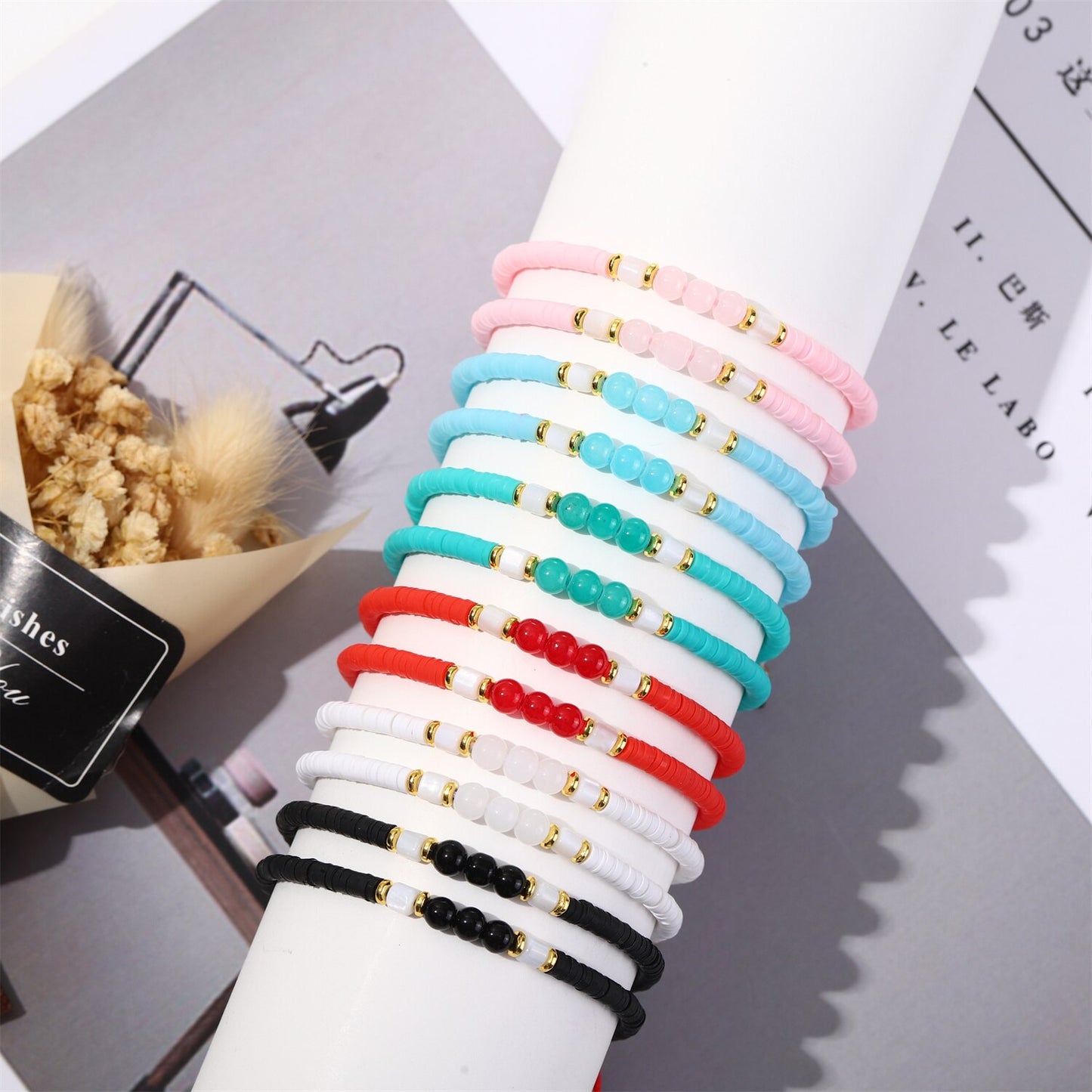 12pcs/lot Polymer Clay Stackable Charms Bracelets Boho Crystal Glass Beads Bracelet Anklet for Women Wholesale Jewelry