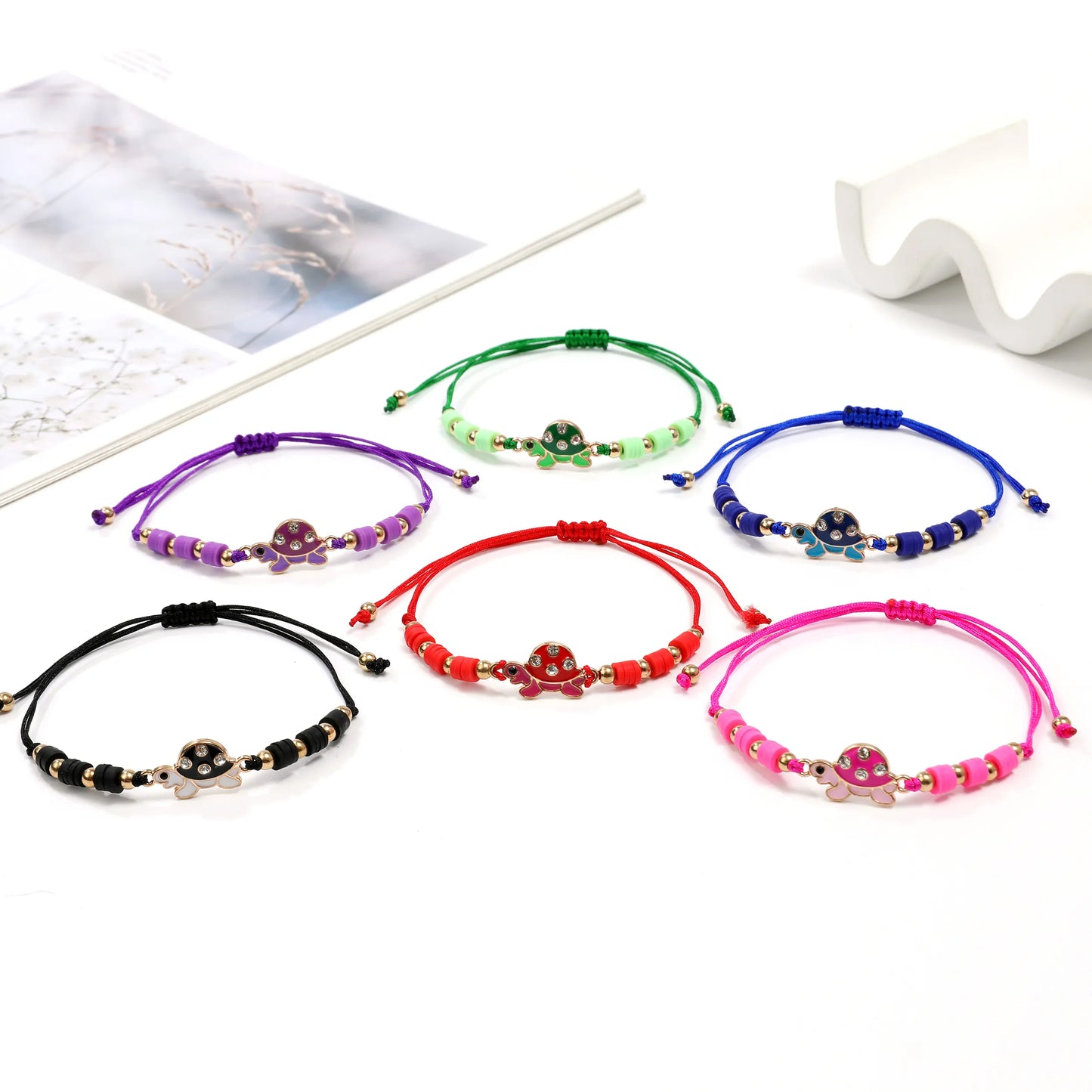 12pc/lot Handmade Woven Rope Chain Turtle Bracelet Colored Polymer Clay Tablets Adjustable Bracelets for Girls Cuff Jewelry