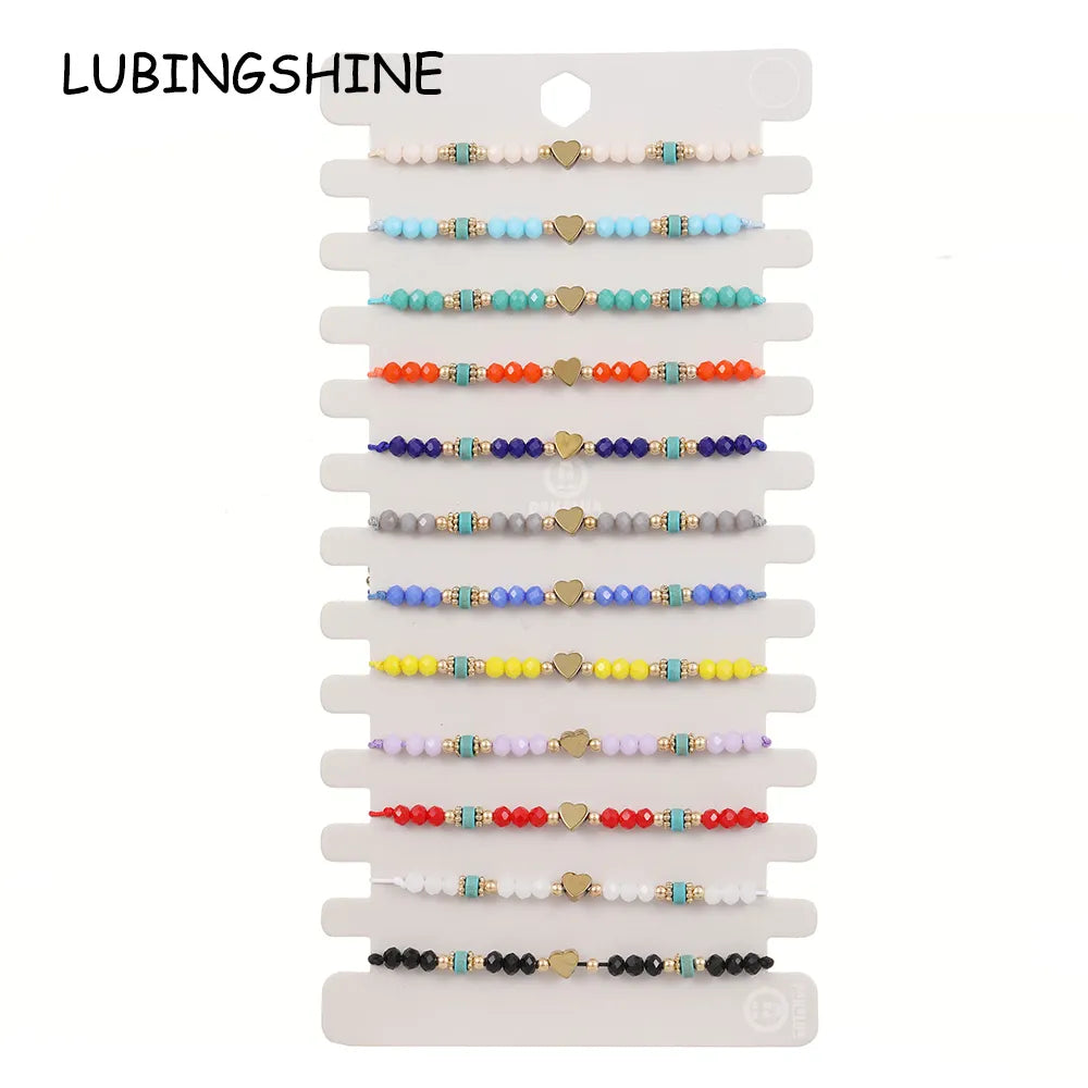 12pcs Colorful Crystal Beaded Braided Heart Bracelet Small Fresh String Beach Yoga Adjustable Women Jewelry Wholesale