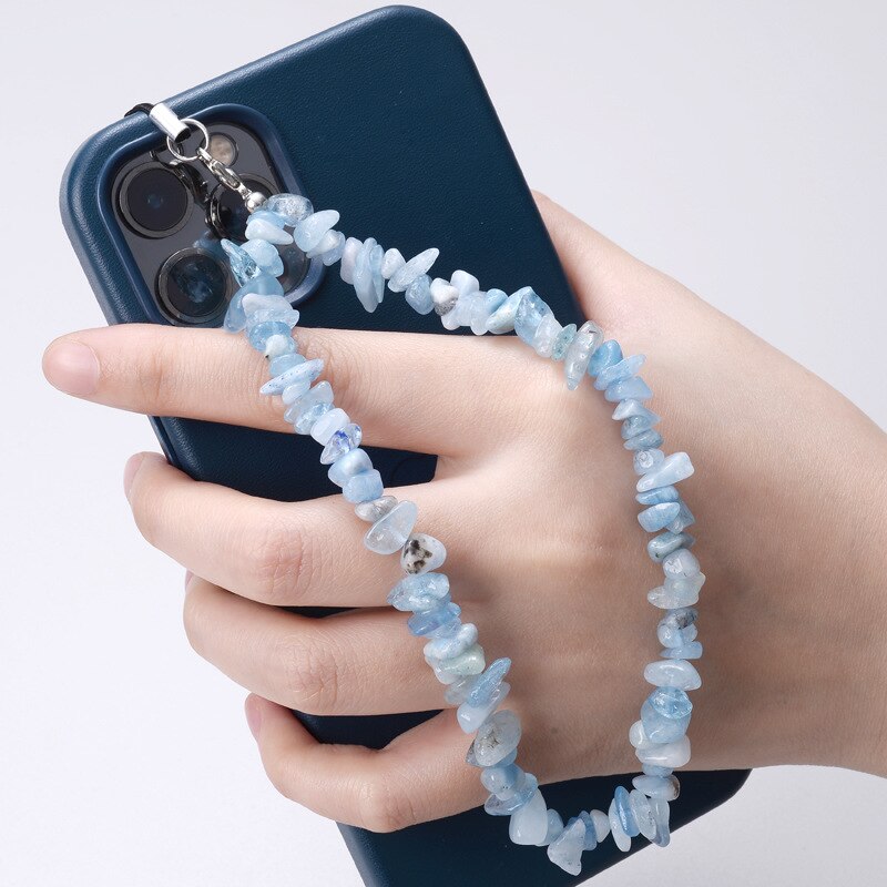 Colored Natural Stone Crushed Quartz Stone Chain Mobile Phone Chain Anti-lost Handmade Acrylic Cord Lanyard for Women Girls