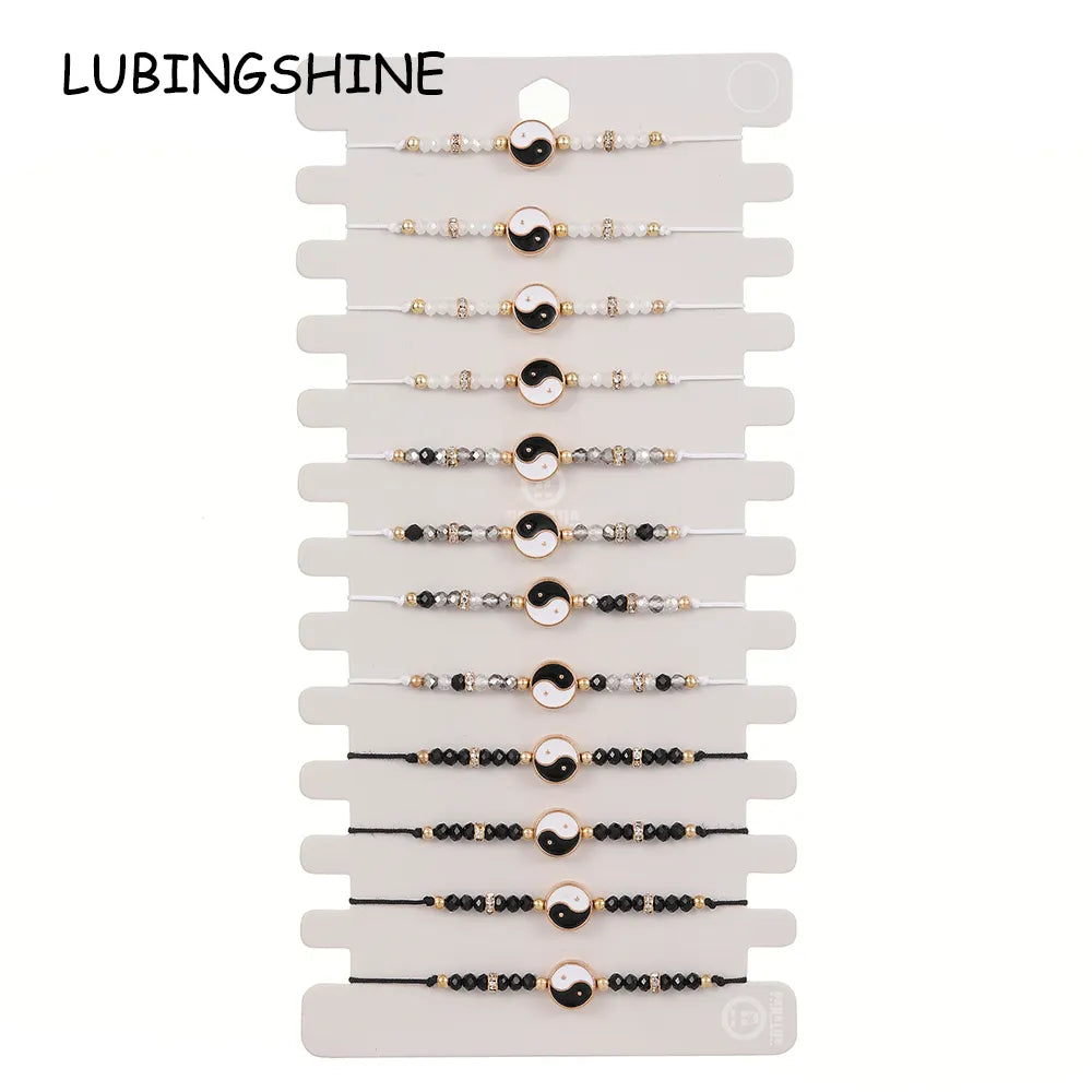 Boho 12pcs Yin and Yang Tai Chi Pendant Braided Adjustable Bracelet Set Adjustable Jewelry Gift for Men and Women
