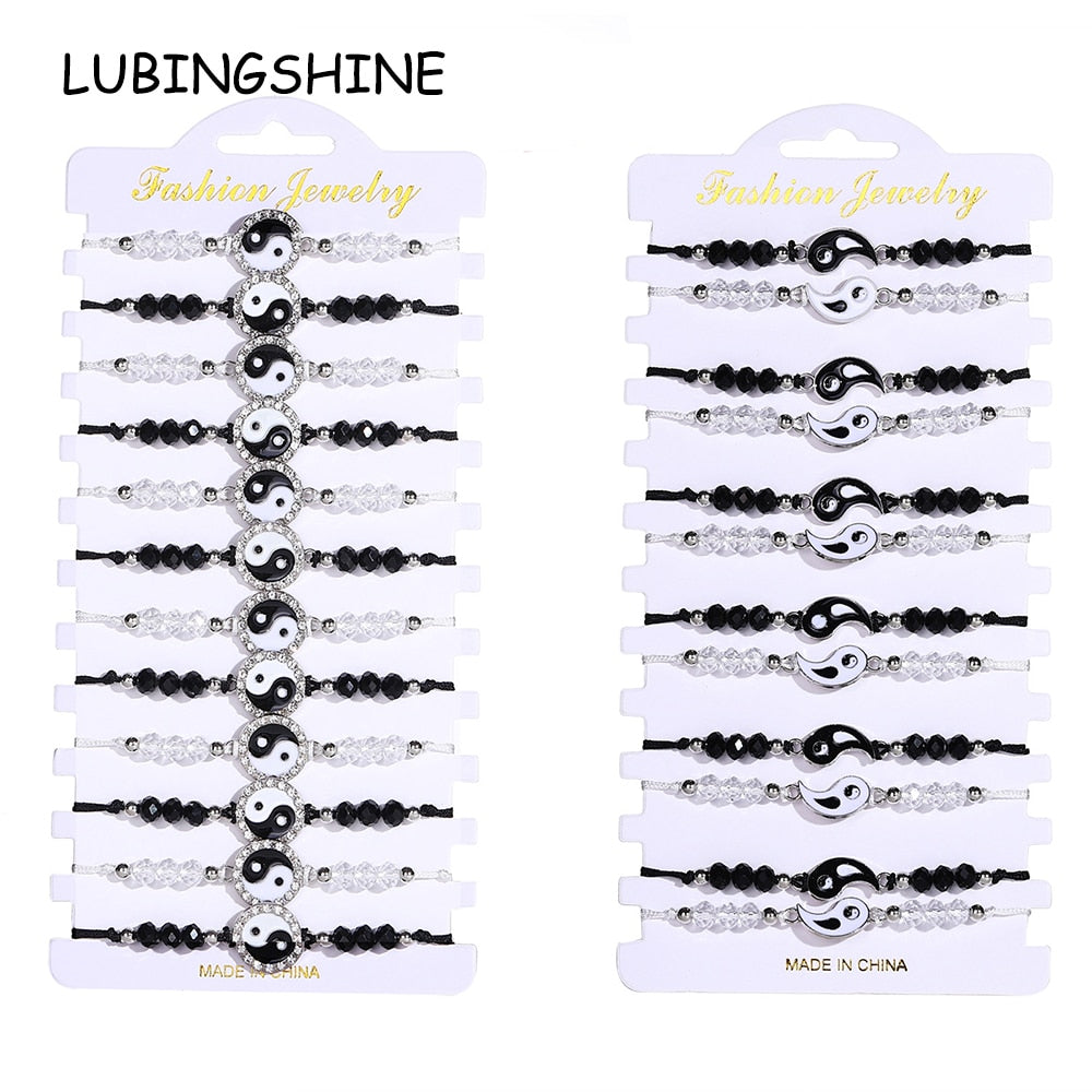 12pcs/Lot Black/white Yin and Yang Tai Chi Pendant Bracelets for Women Crystal Beads Chain Braid Rope Anklet Amulet Jewelry