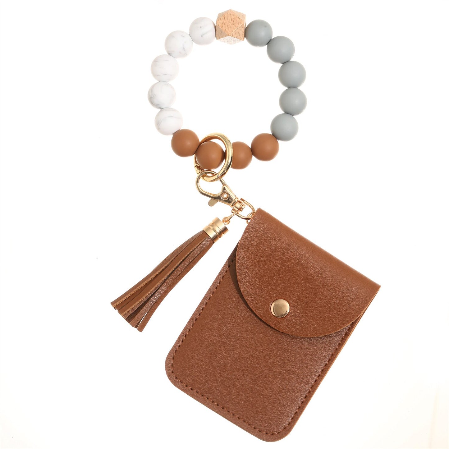2023 New Silicone Beads Tassel Bracelet Wristlet Bangle with Wallet Key Card Holder Large Round Keyring for Women Handbag