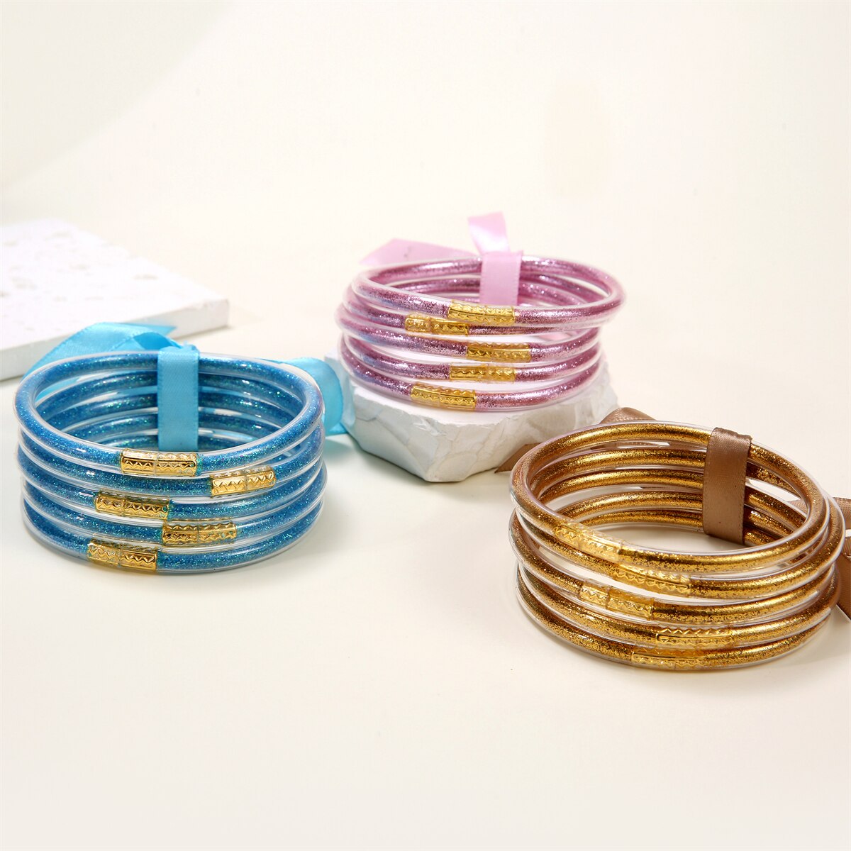 Multi-Layered Jelly Bangles Bracelets for Women Glitter Filled Jelly Clear Silicone Bracelets for Girls Wide Wristband Jewelry