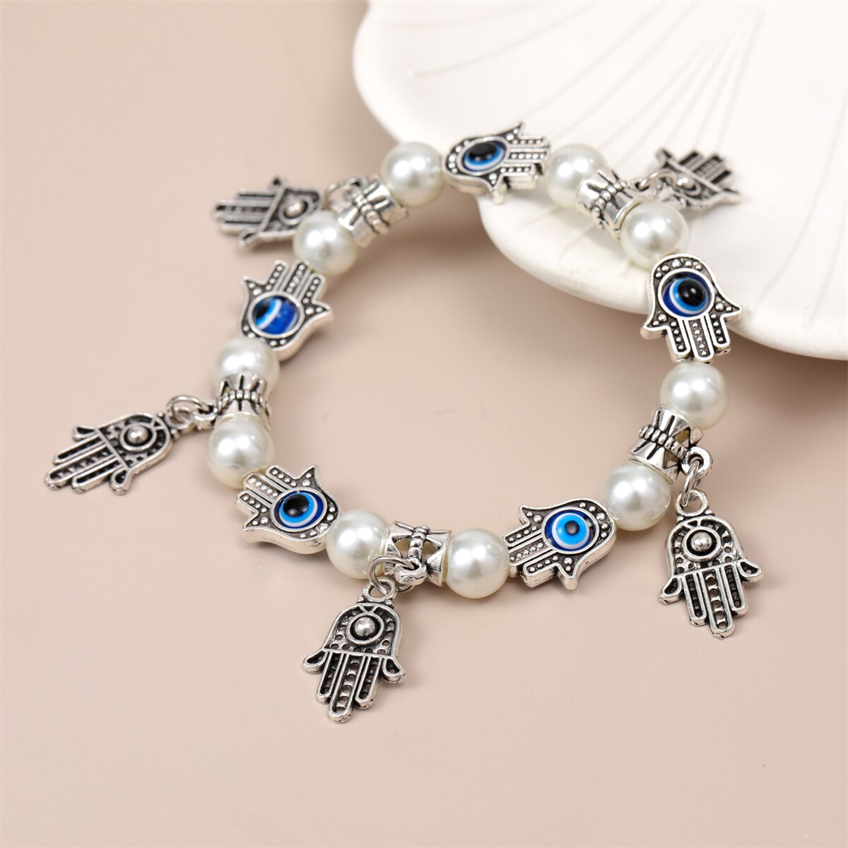 Fashion Blue Turkey Evil Eye Fatima Hand Beaded Charms Bracele for Women Men Pearls Chain Elastic Yoga Party Jewelry