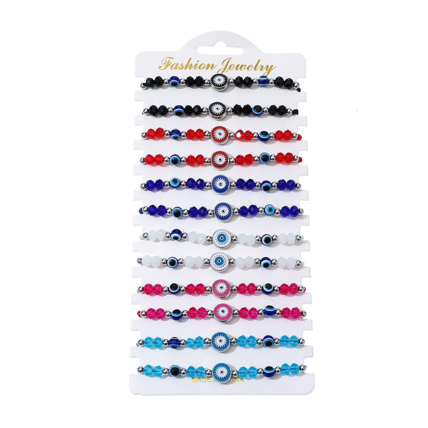 12 Pieces Colorful Crystal Evil Eye Beaded Charms Bracelets for Women Adjustable Beads Anklets Child Girl Wristband Cuff Jewelry