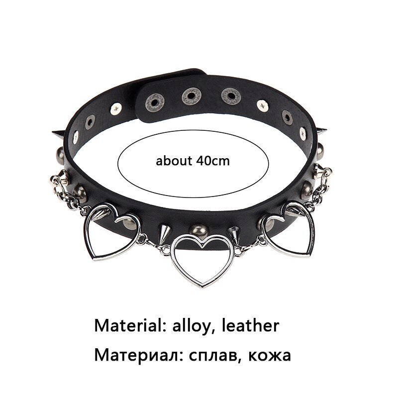 Punk Heart Pendant Leather Choker Collar for Women Girl Studded Punk Silver Color Chain Harajuku Collars Sexy Jewelry