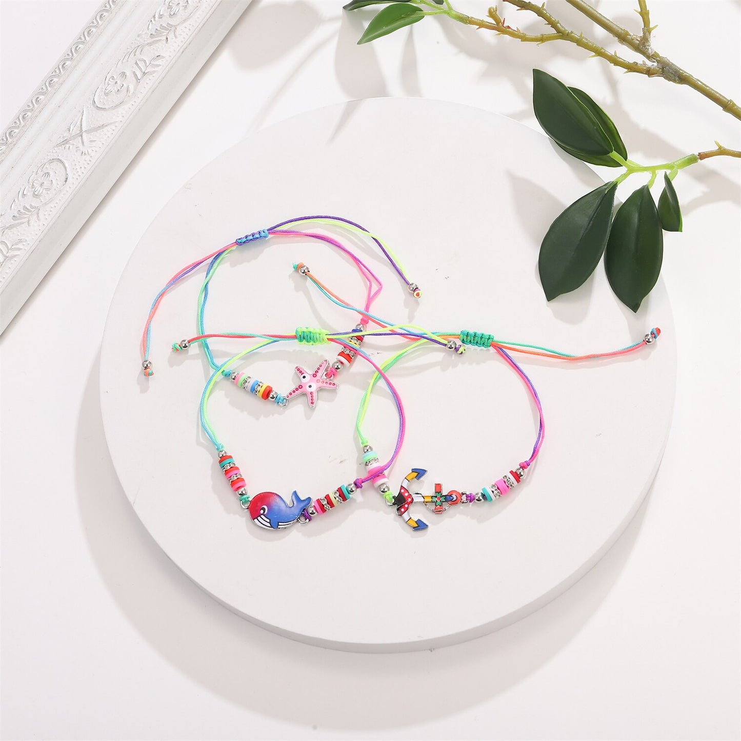 12pcs/lot Women Soft Clay Bead Whale Turtle Butterfly Animal Charms Yoga Bracelets Braided Adjustable Rope Chain Anklet Jewelry