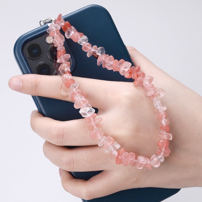 Colored Natural Stone Crushed Quartz Stone Chain Mobile Phone Chain Anti-lost Handmade Acrylic Cord Lanyard for Women Girls