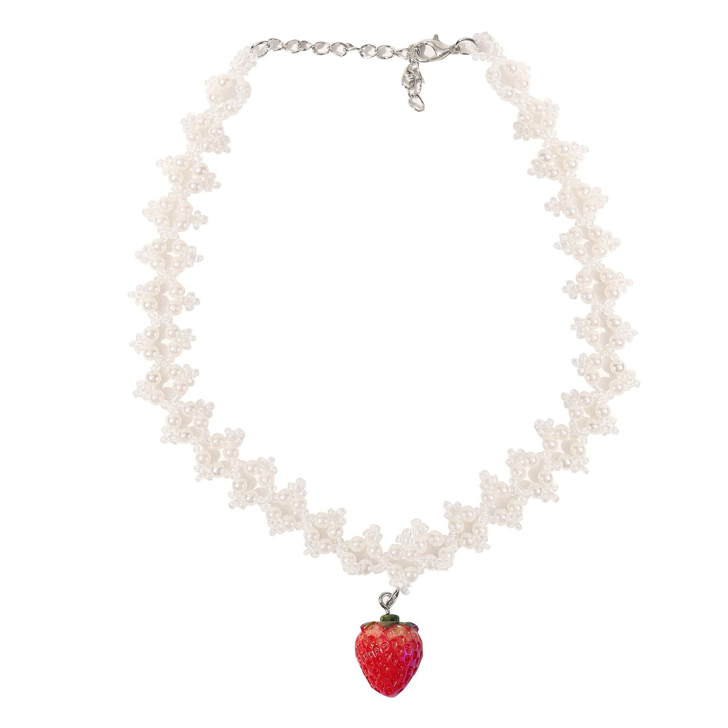 Fashion Red Cherry Strawberry Pendant Pearl Chain Women's Necklace Choker Charm Metal Sweater Chain Women Resin Jewelry Gift
