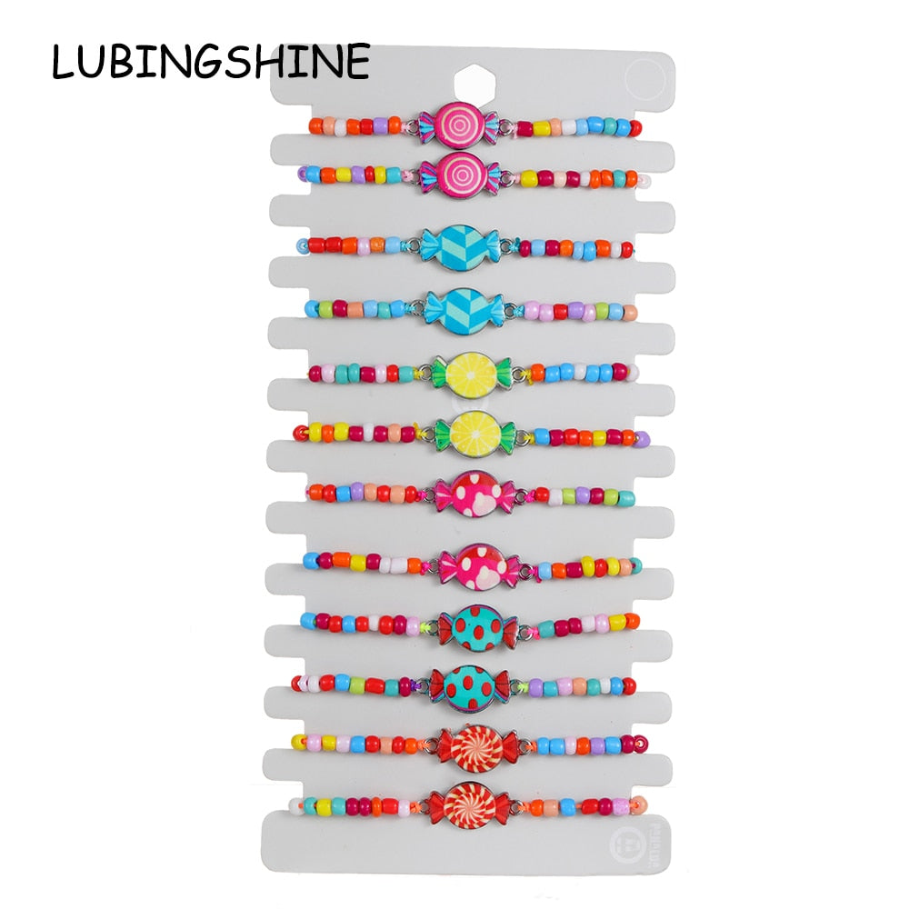 12 Pcs Colorful Cute Candy Charm Bracelet for Girl Kids Handmade Rice Bead Braided Chain Friendship BFF Gifts