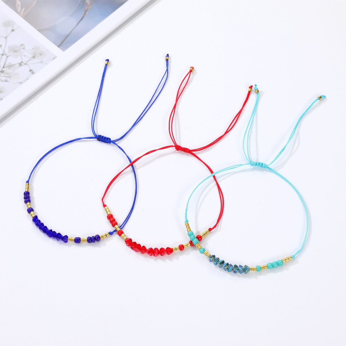 12Pcs Seeds Beads Faceted Crystal Braceles Anklets Adjustable Hand Braided Wax Rope Chain Wristband Cuff Jewelry