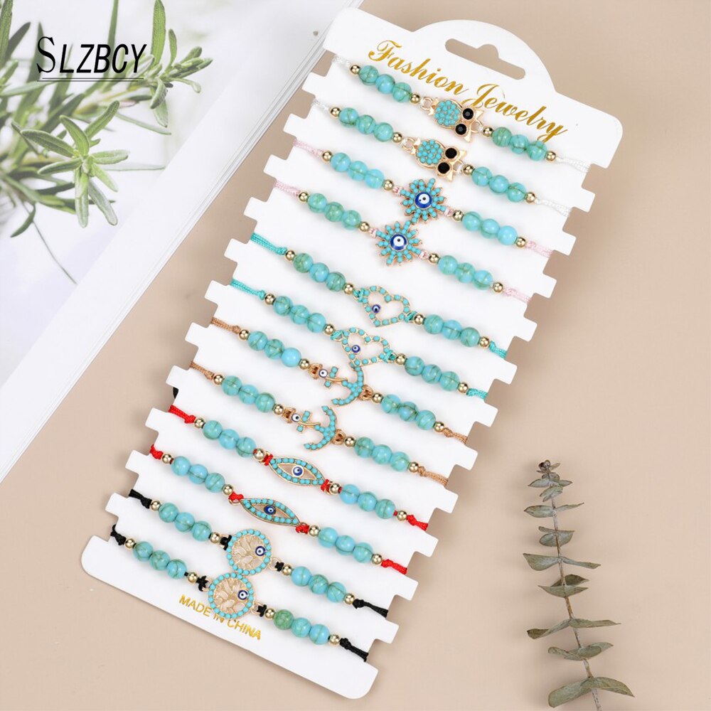 12pcs Boho Bracelets Sets Owl Charm Bangles Blue Stone Evil Eye Beads Adjustable Bracelet Women Fashion Jewelry