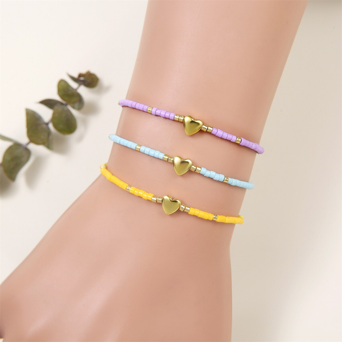12pcs Plated Gold Heart Charm Bracelet Set for Women Fashion Woven Rope Seed Beaded Bracelet Handmade Jewelry Accessories