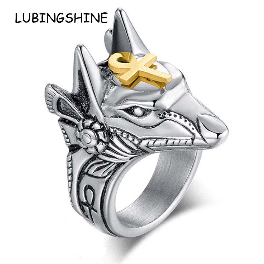 Women Men Punk Anubis Egyptian Cross Beast Finger Ring Stainless Steel Vintage Wolf Knuckle Rings Fashion Jewelry Gift Anel