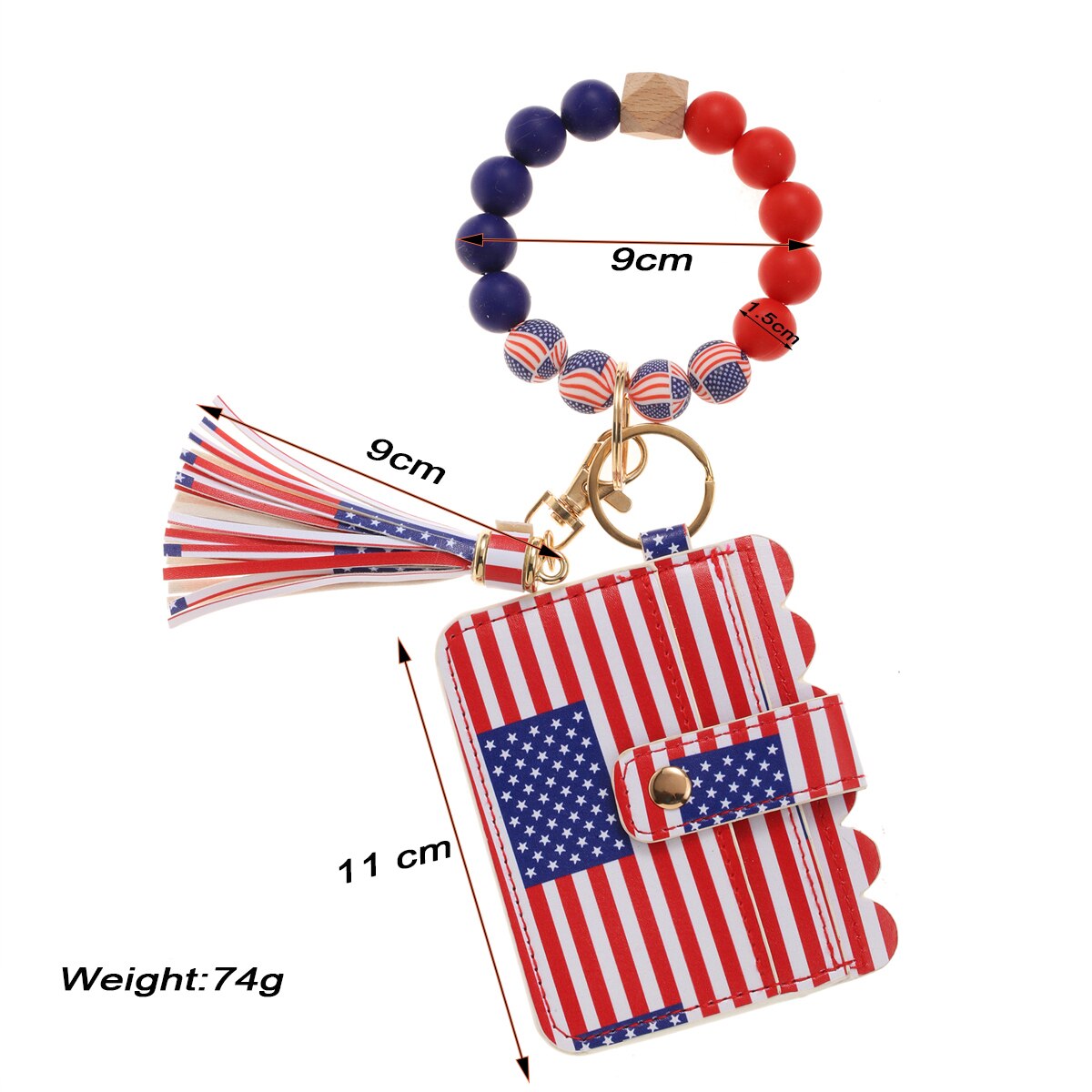 American Flag Wristlet Bracelet Keychain Wallet for Women Credit Card Holder Tassel Keyring Bangle Lipstick Holder