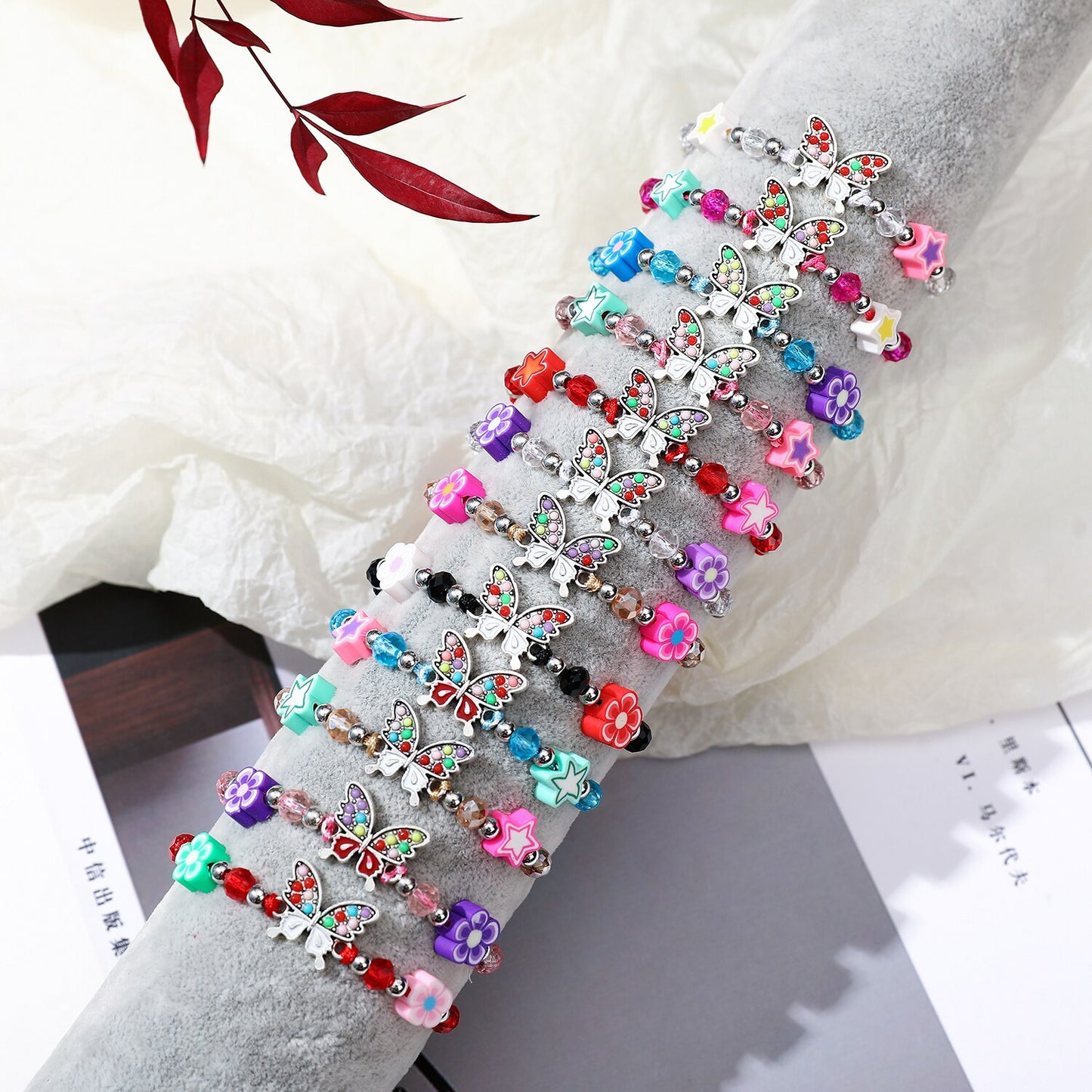 12pcs/lot Women Butterfly Flower Pendant Crystal Bead Charms Bracelets Set Child Braided Adjustable Rope Chain Anklet Jewelry