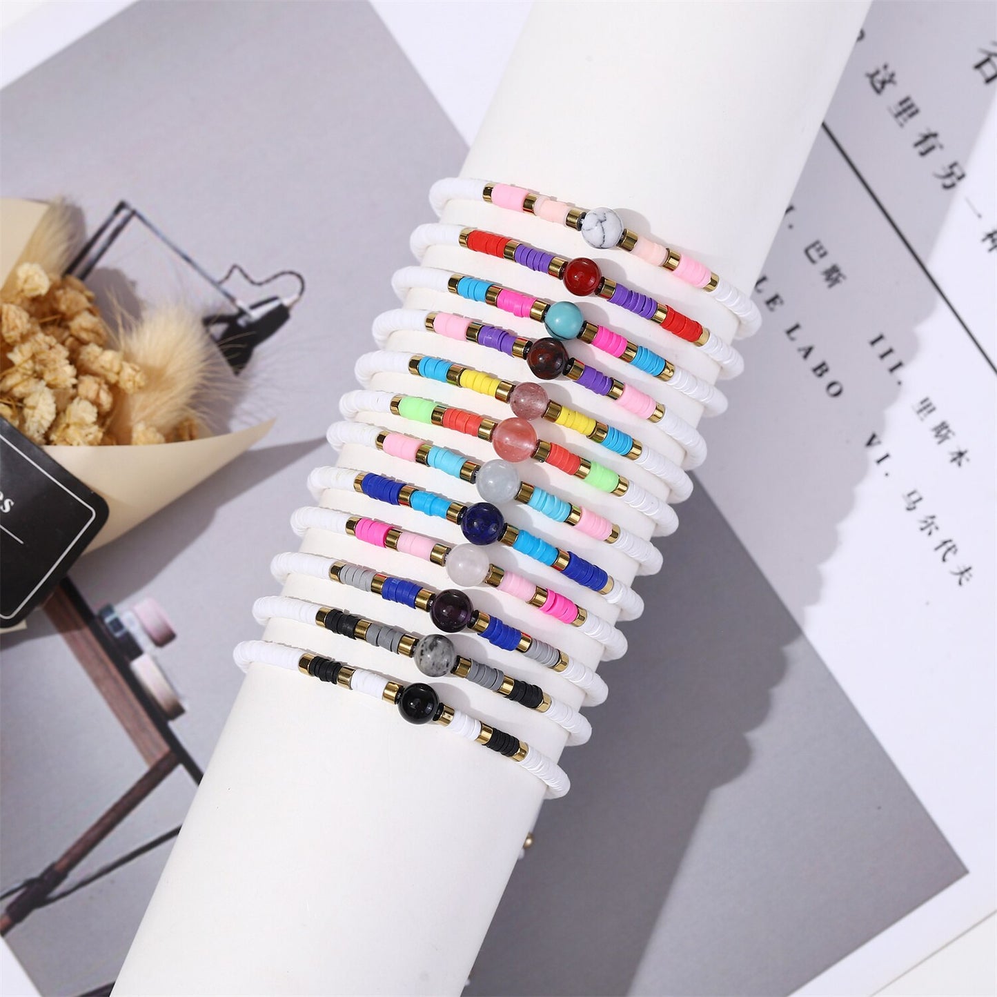 12pcs Surfer Clay Stone Bead Bracelet Polymer Beaded Stackable Stretch Bracelet Bohemia Aesthetic Summer Beach Jewelry for Women