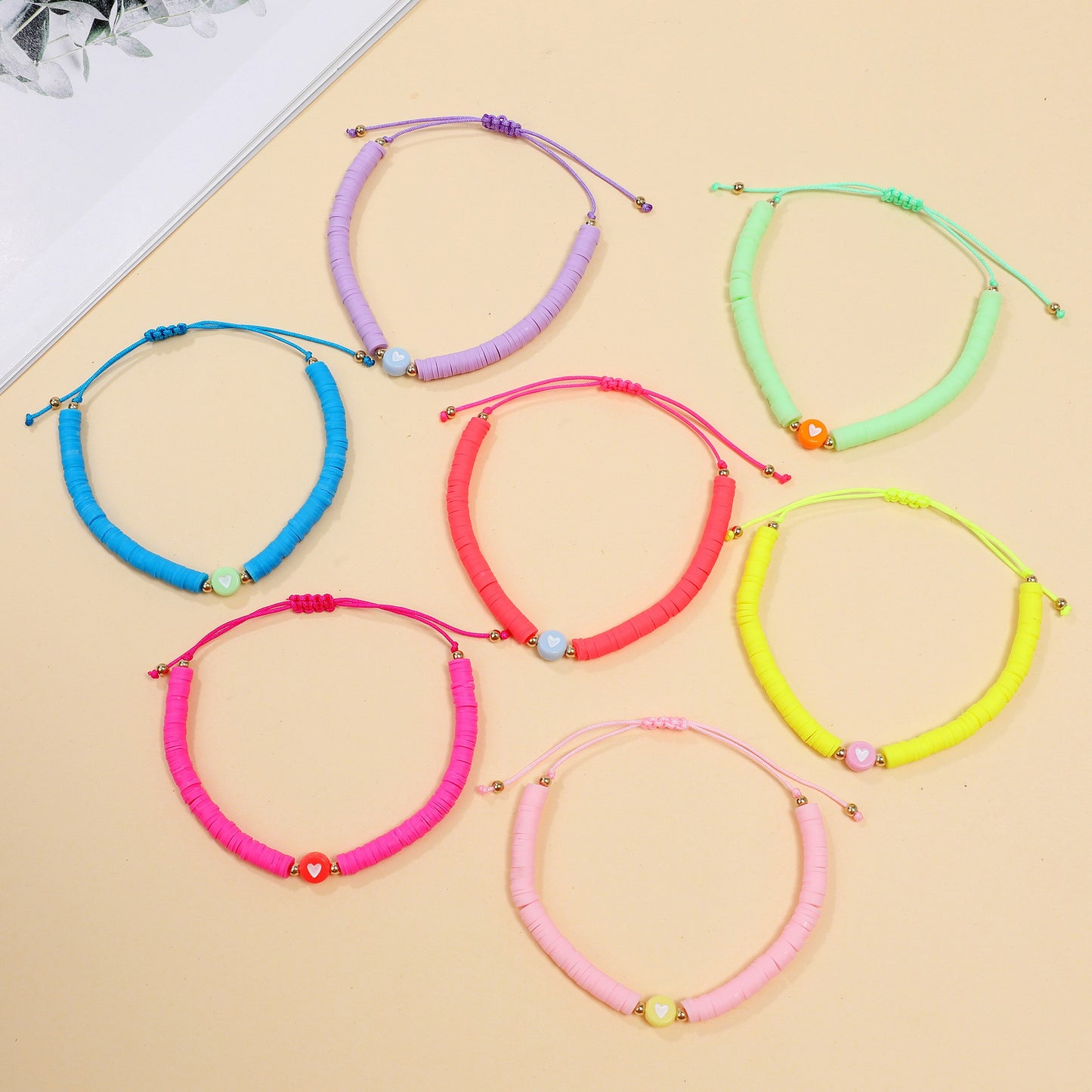 12pcs Colorful Polymer Clay Piece Chain Bracelet for Women Girls Heart Pendant Anklet Kids Jewelry Gift