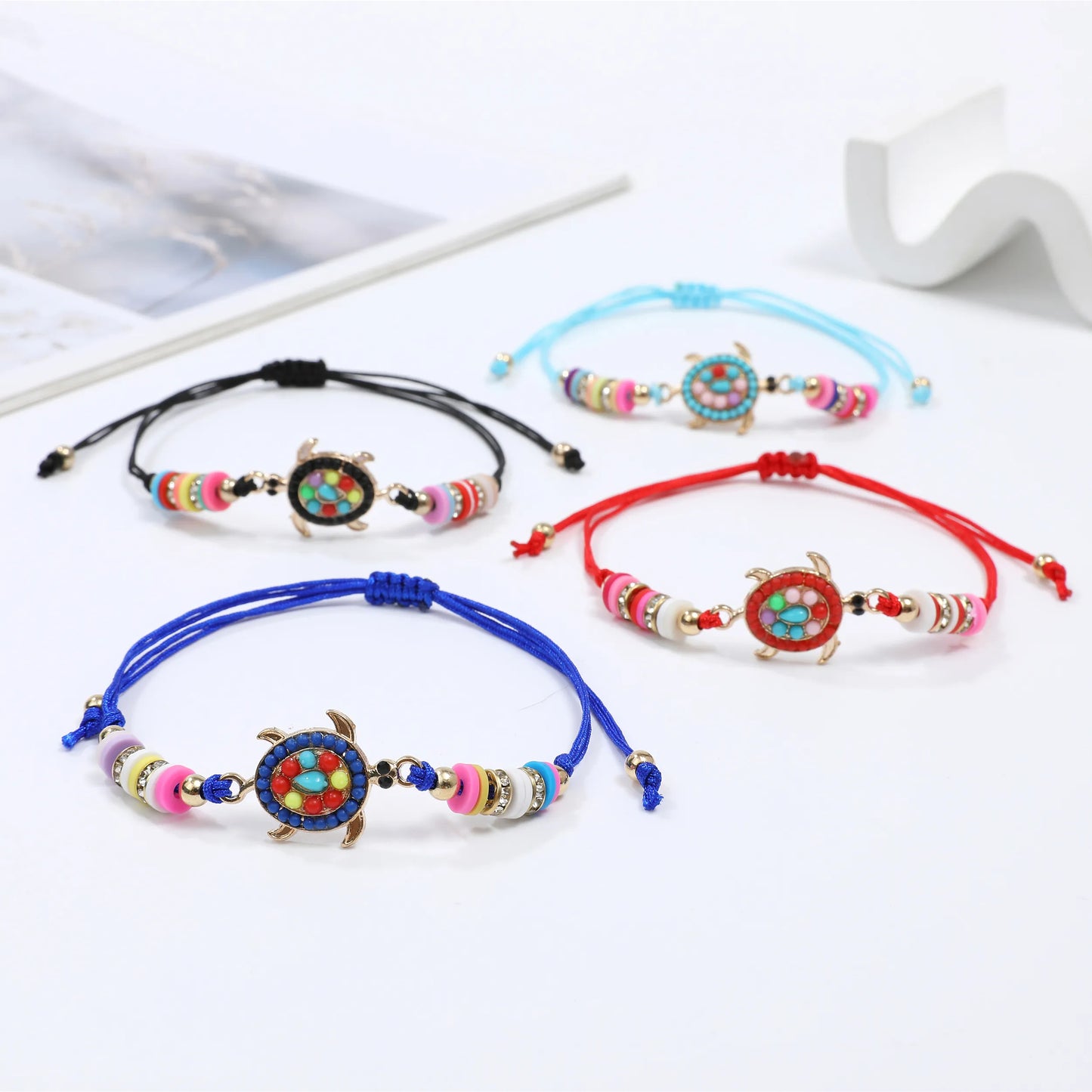 12pcs Polymer Clay Beads Colorful Turtle Pendant Bracelet Charms Braided Rope Chain Bracelet Yoga Jewelry Gifts