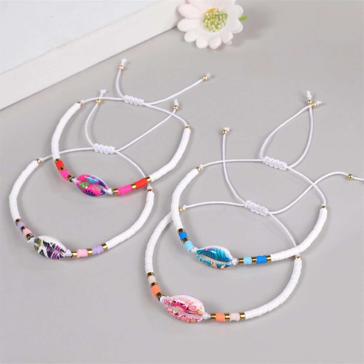 12pcs/set Soft Clay Shell Charm Bracelets Set for Women Kids Handmade Braided Rope Adjustable Bracelet Anklets Trendy Jewelry