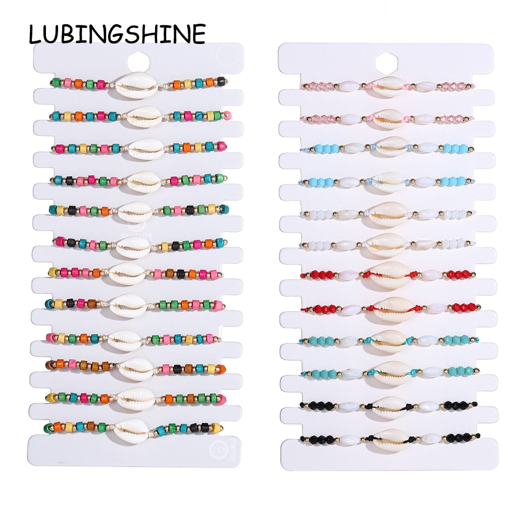 12pcs/lot Boho-color Crystal Shell Beaded Friendship Bracelets Handmade Strand Bracelet Bangles Jewelry for Summer Wholesale