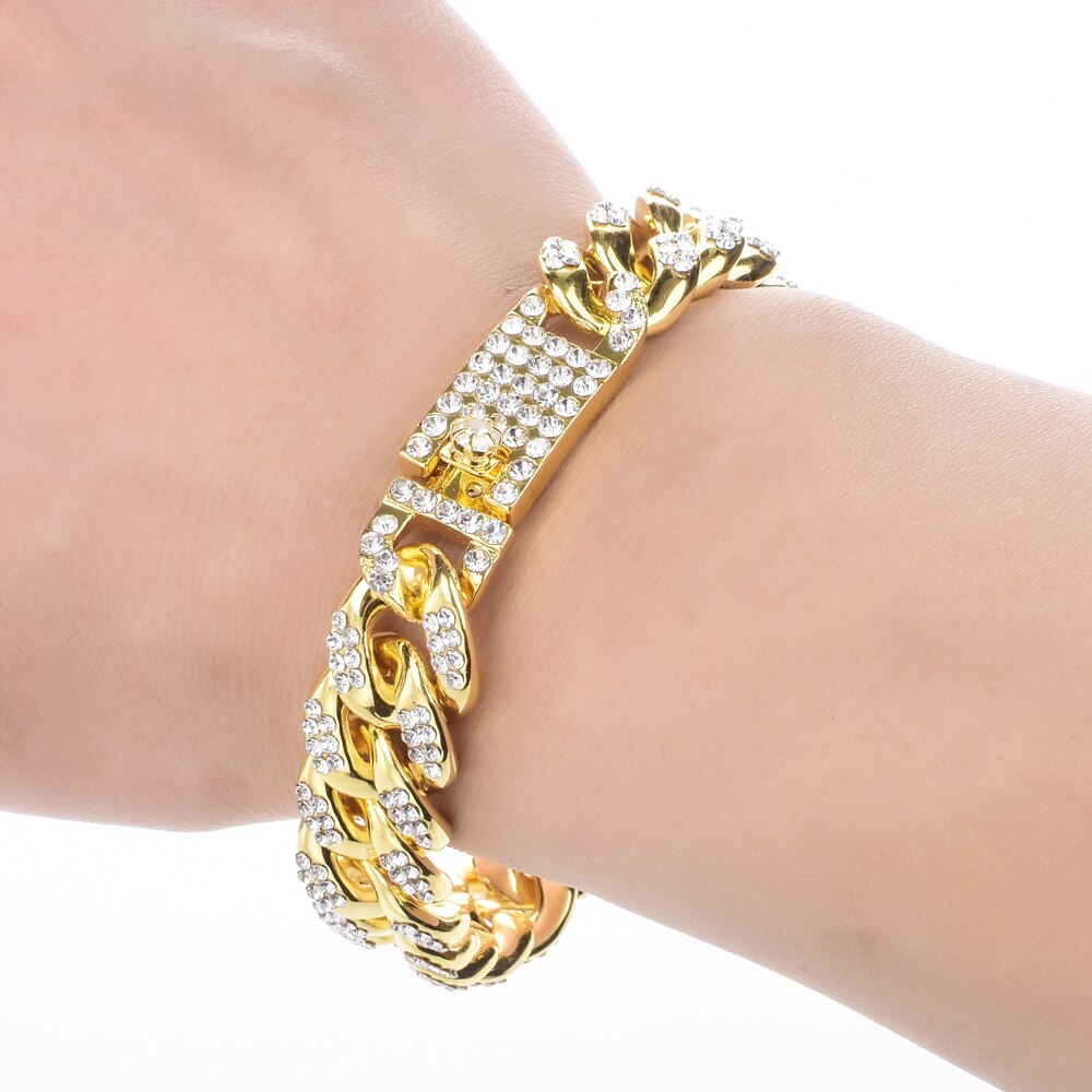 Hip Hop Men Women Gold Silver Color Rhinestone Bracelet Bangles Resin Miami Cuban Link Chain Bracelets Wristband Punk Jewelry