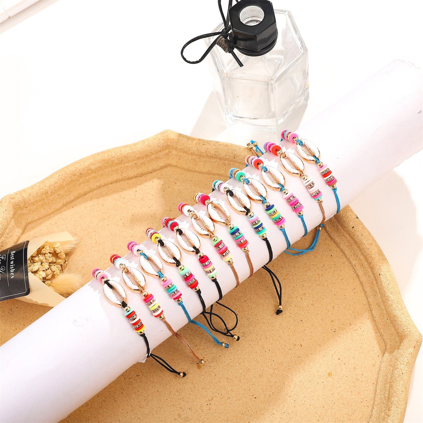 Boho 12pcs Polymer Clay Shell Charms Braided Charms Bracelets for Women Men Adjustable Rope Chain Anklets Beach Handmade Jewelry