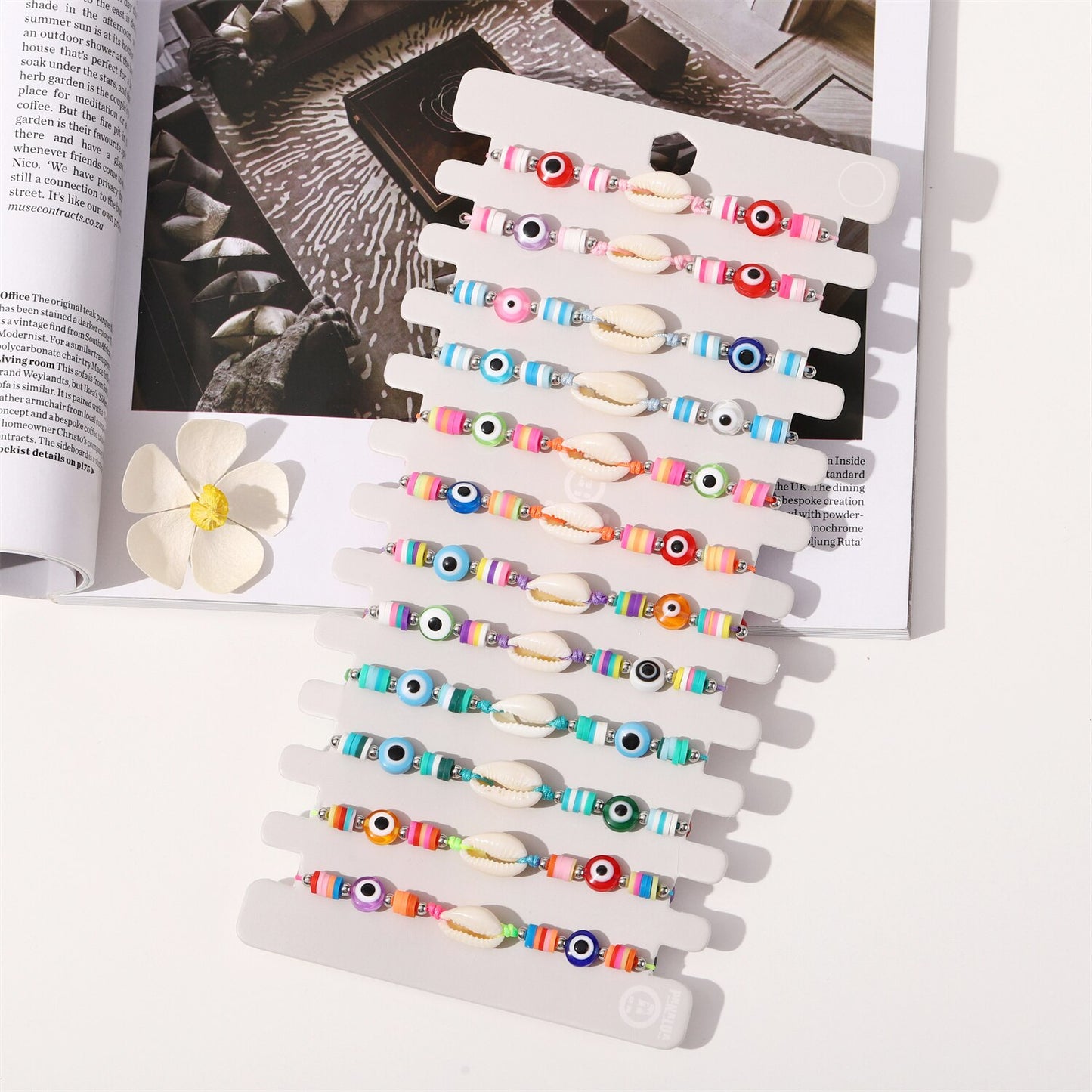 12 Pcs Beach Shell Evil Eye Beads Bracelet Anklet Set Women Summer Handmade Ankle Adjustable Clay Bracelets Wholesale