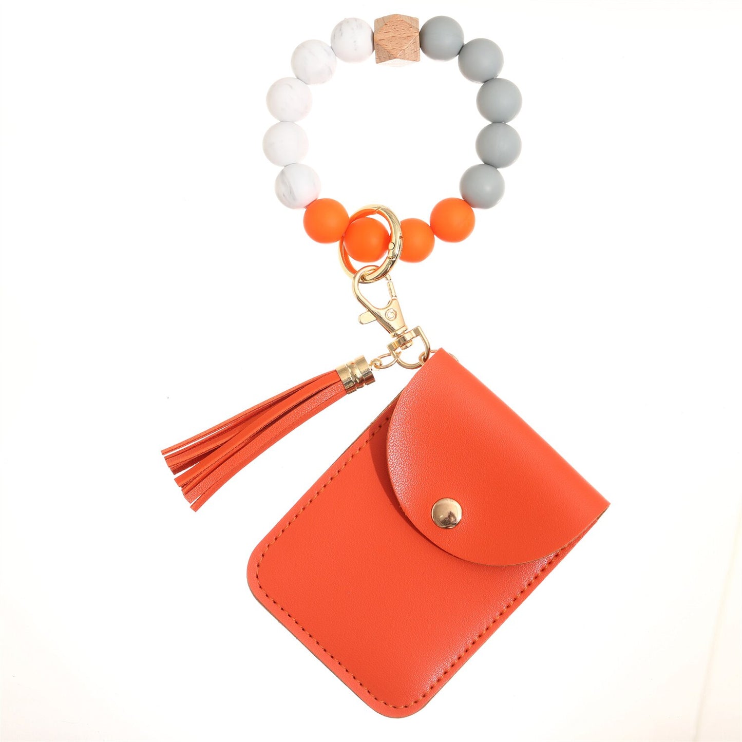 2023 New Silicone Beads Tassel Bracelet Wristlet Bangle with Wallet Key Card Holder Large Round Keyring for Women Handbag