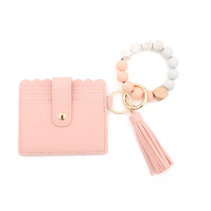 Fashion Silicone Beads Tassel Bracelet Wristlet Bangle with Wallet Key Card Holder Large Round Keyring for Women Handbag