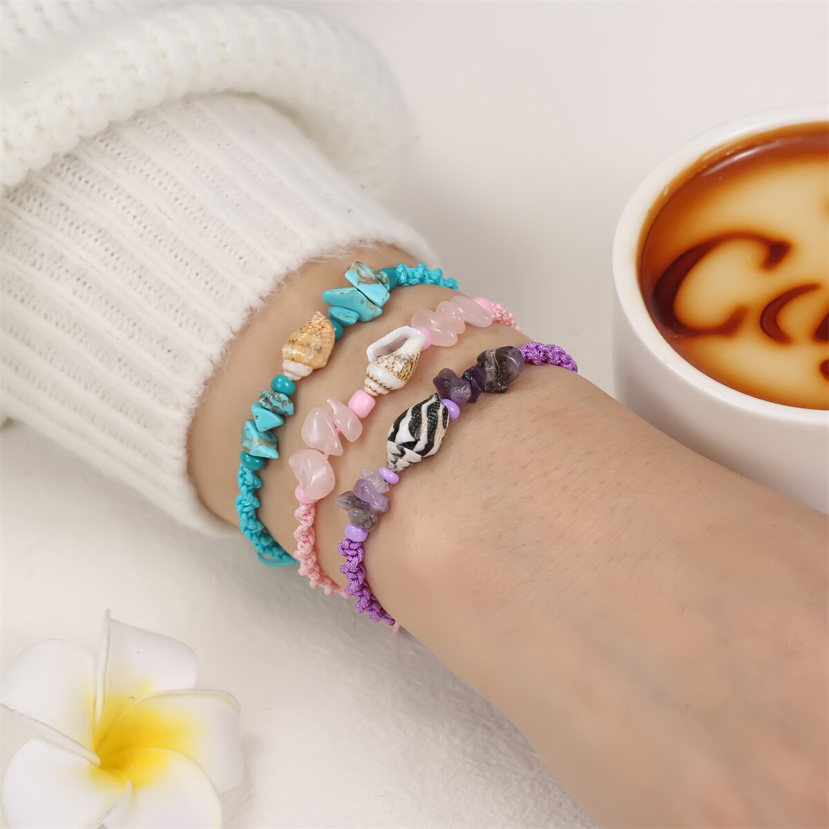 12pcs/lot Summer Surf Shell Conch Bracelet Women Men Natural Stone Amethyst Turquoise Healing Yoga Bracelet Jewelry