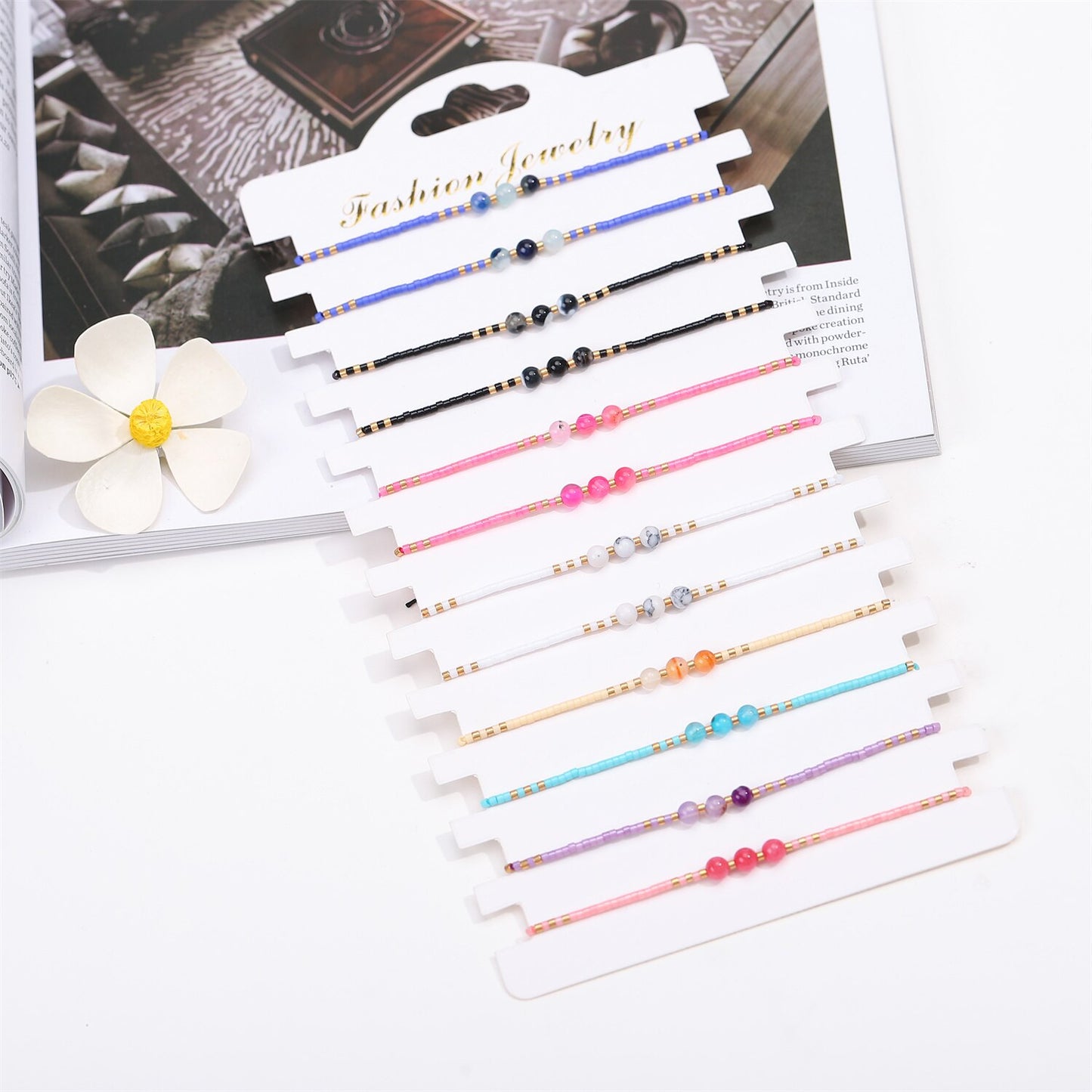 12pcs/lot Natural Stone Bracelet Crystal Seed Bead Couple Braided Adjustable Rope Chain Bracelets for Women Friendship Jewelry