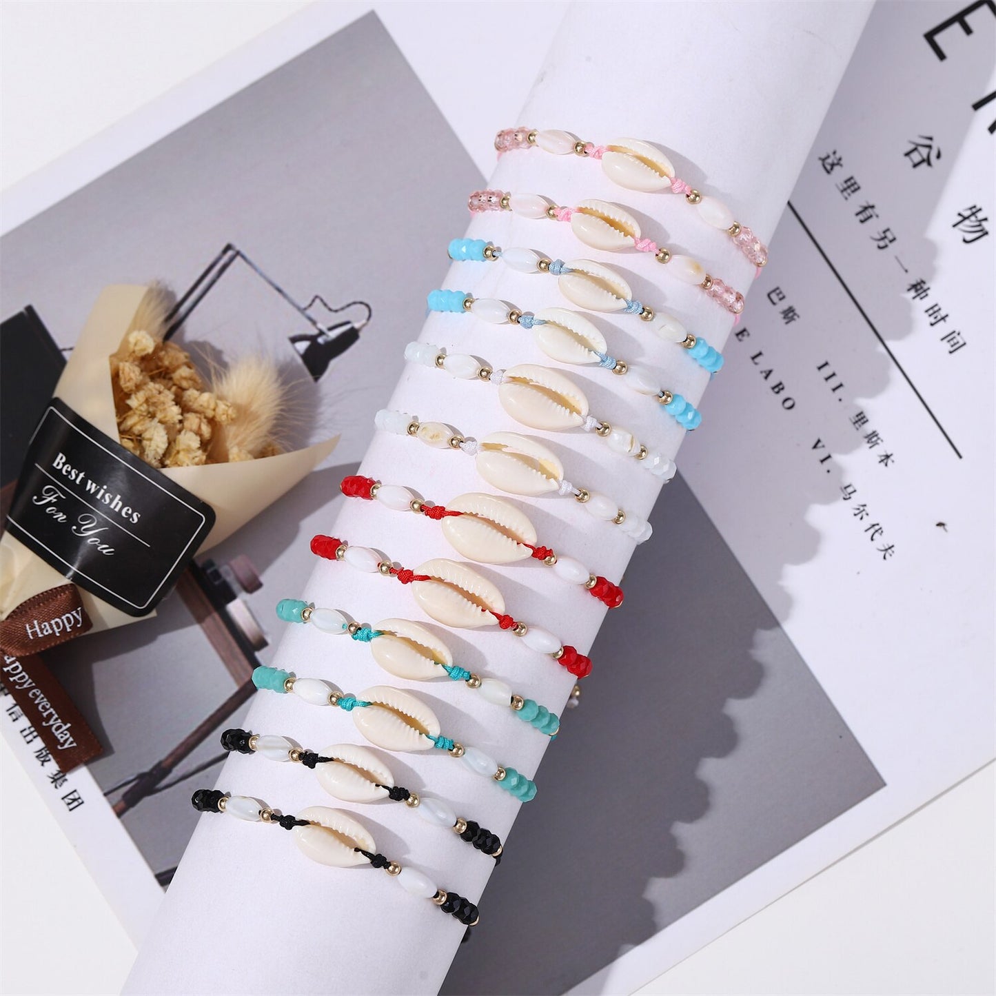 12pcs/lot Boho-color Crystal Shell Beaded Friendship Bracelets Handmade Strand Bracelet Bangles Jewelry for Summer Wholesale