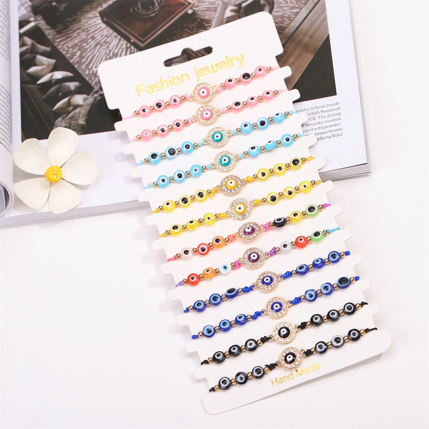 12pcs/lot Colorful Evil Eye Crystal Beaded Bracelets for Women Adjustable Beads Anklets Girl Wristband Cuff Jewelry Wholesale