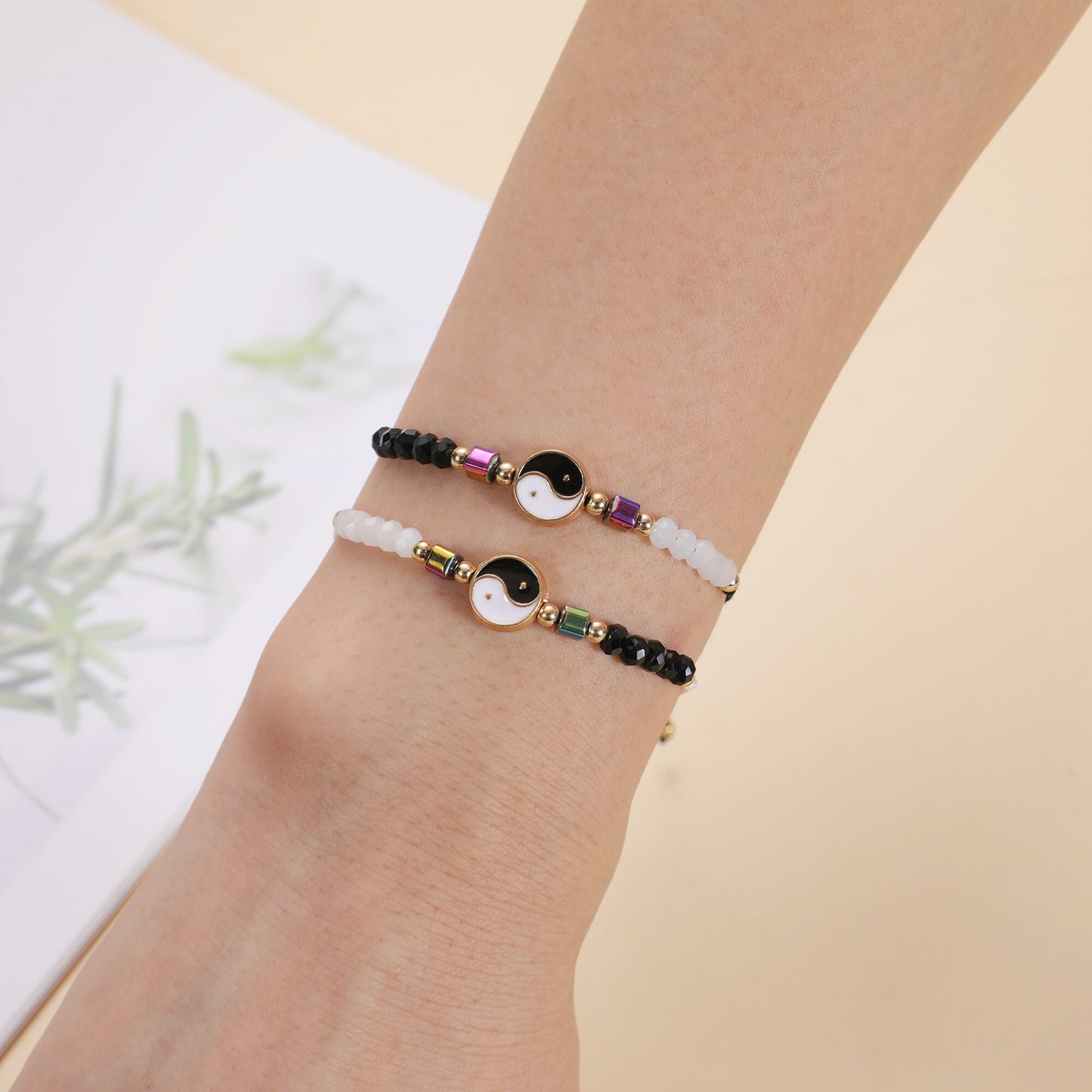 12pcs Yin and Yang Tai Chi Metal Pendant Black/White Adjustable Wax Cord Beads Men Women Couple Bracelet Anklet Gift Wholesale