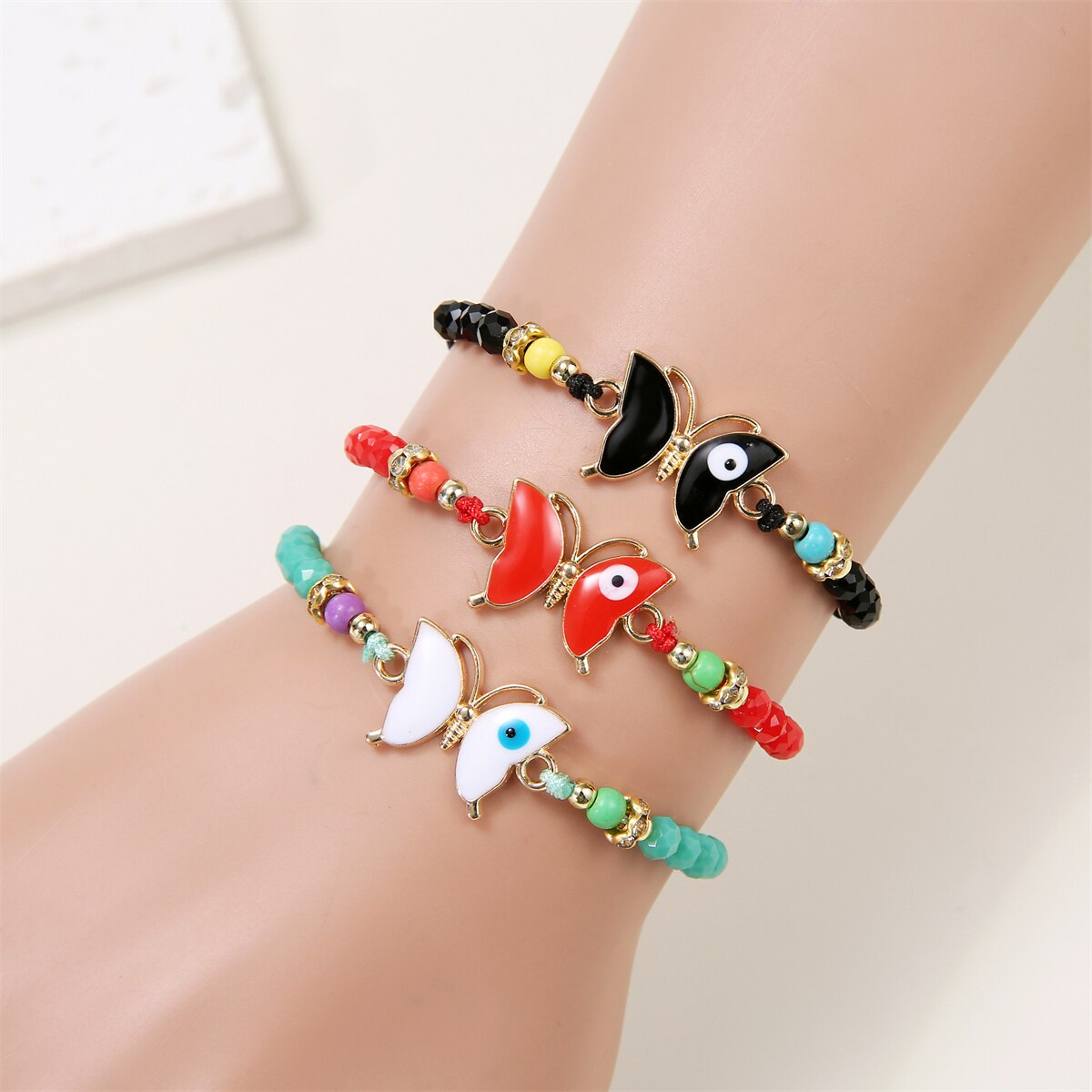 12PCS Colorful Butterfly Pendant Charms Bracelets for Women Girl Child Crystal Beads Braided Rope Bracelet Handmade Jewelry