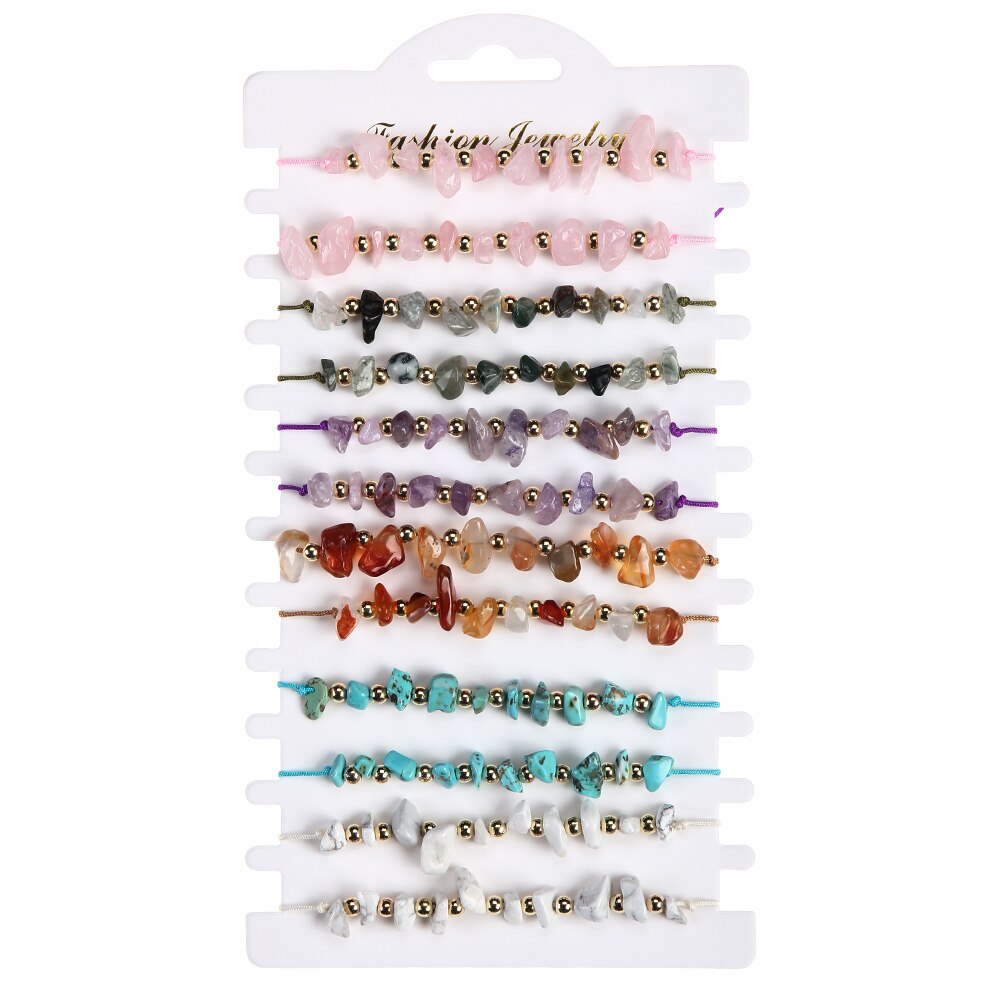 12pcs Natural Stone Amethyst 7 Chakra Bracelets Healing Crystal Bracelet Chipped Gravel Beads Gifts for Women Anklet Mix Colors