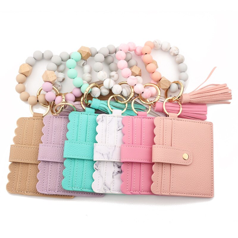 Fashion Silicone Beads Tassel Bracelet Wristlet Bangle with Wallet Key Card Holder Large Round Keyring for Women Handbag