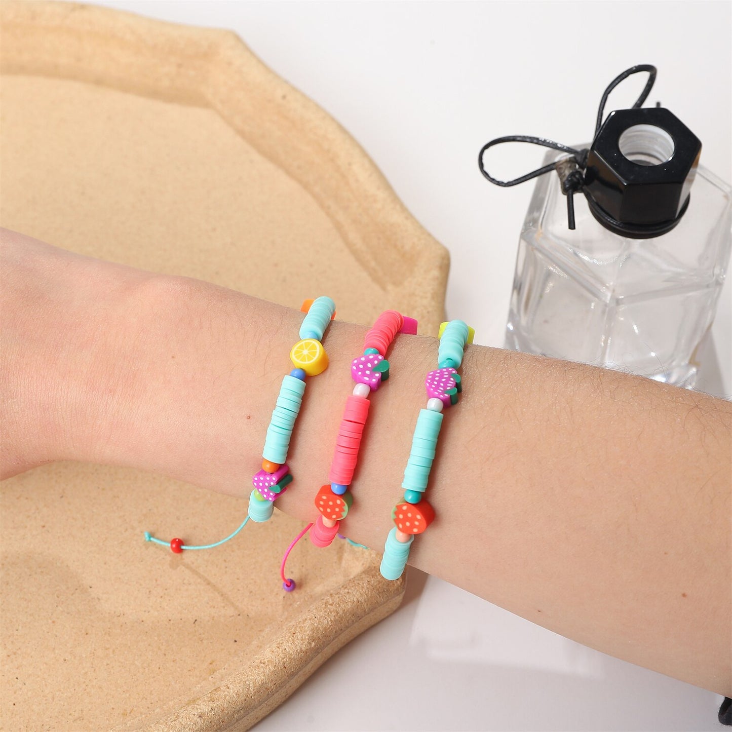 Boho 12pcs/lot Women Grape Apple Fruit Pendant Charms Bracelets Set Clay Braided Adjustable Rope Chain Anklet Jewelry