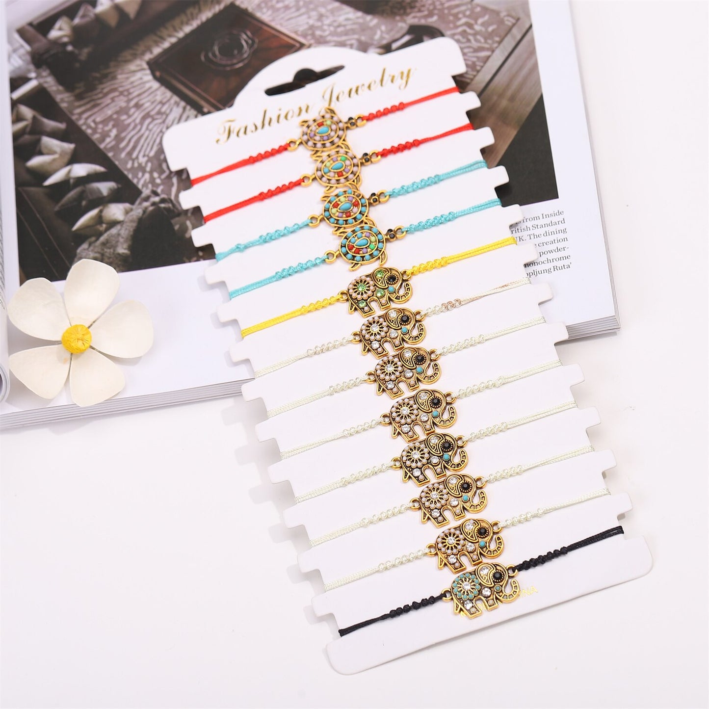12 Pieces Tortoise Elephant Charms Bracelet Adjustable Braided Rope Chain Animal Bracelets for Women Men Birthday Gift Wholesale