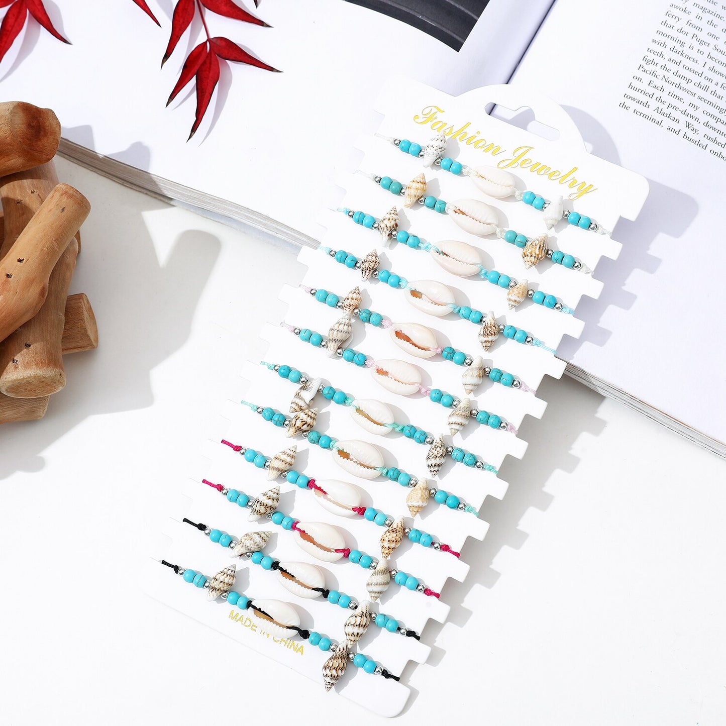 12pcs/lot Turquoise Sea Turtle Shell Pendant Charms Bracelet for Women Child Adjustable Rope Chain Natural Stone Anklet Jewelry