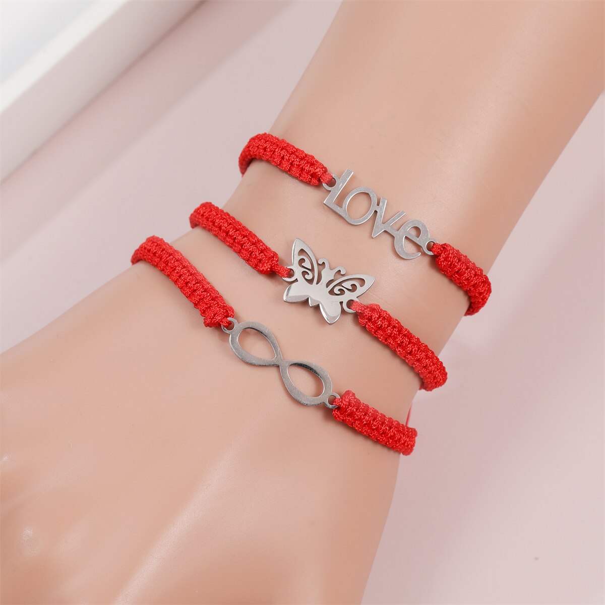 Handmade Red String heart Butterfly Pendant Bracelet Lucky Protection Matching Bracelets for Couple Lover Family Friends Women
