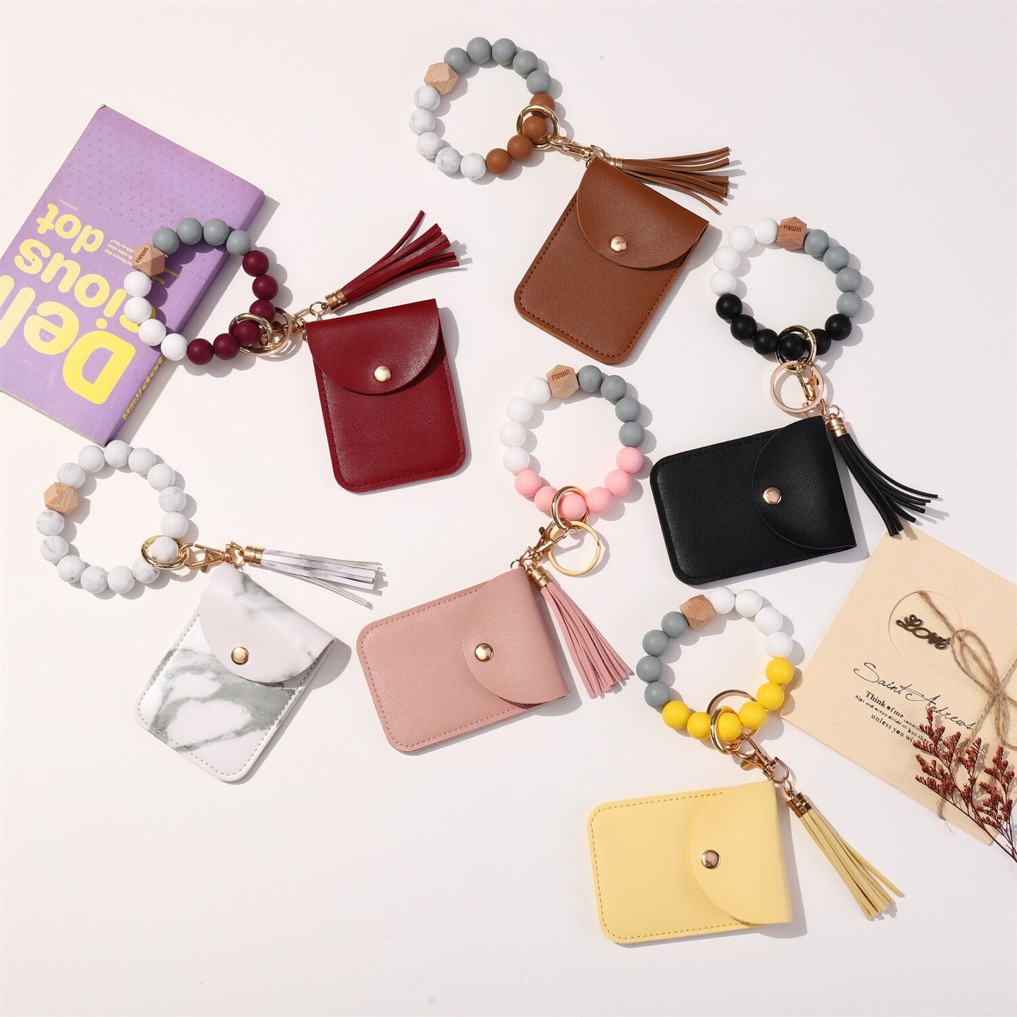 2023 New Silicone Beads Tassel Bracelet Wristlet Bangle with Wallet Key Card Holder Large Round Keyring for Women Handbag