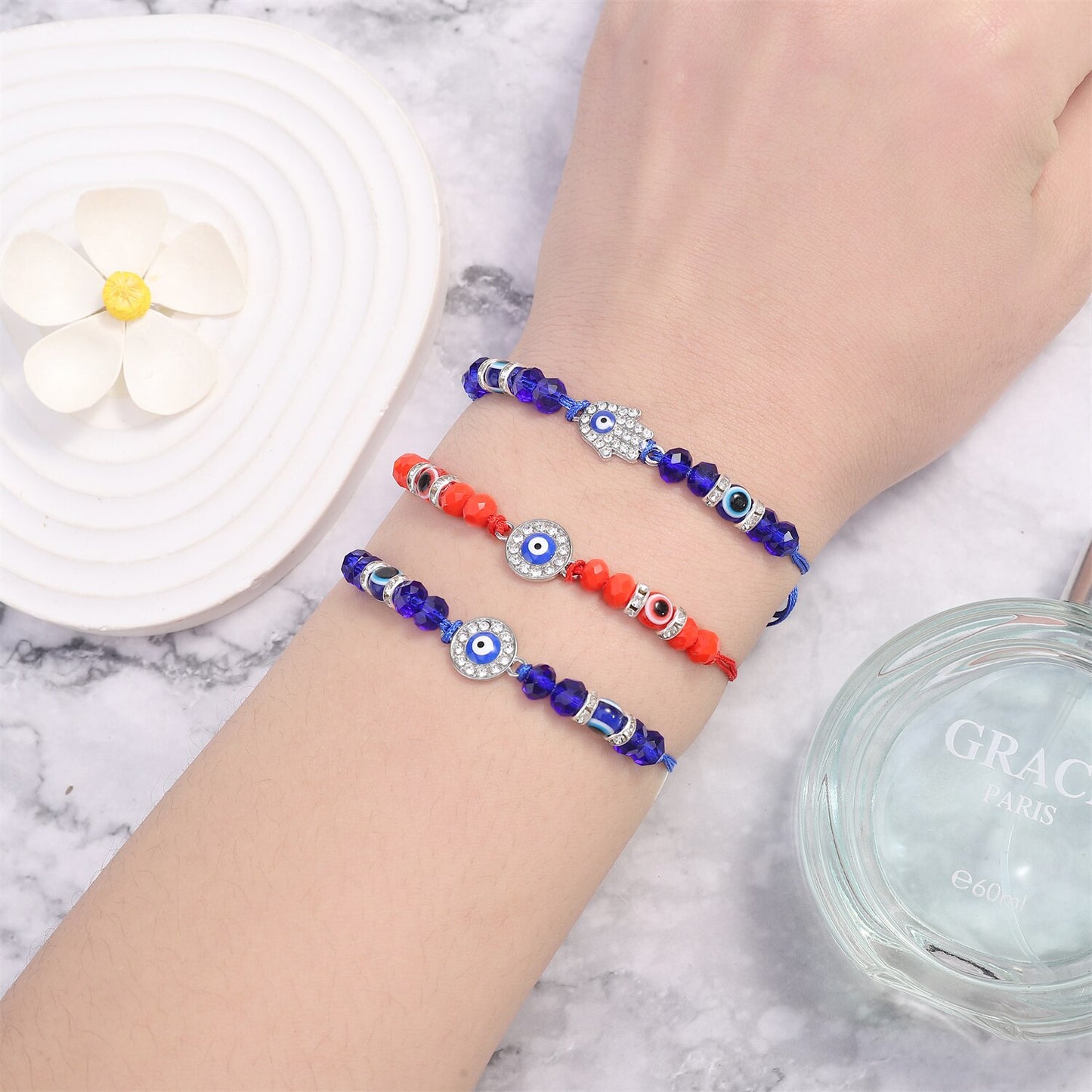 12pcs/lot Blue Evil Eye Crystal Beaded Charms Bracelets for Women Adjustable Beads Anklets Child Girl Wristband Cuff Jewelry