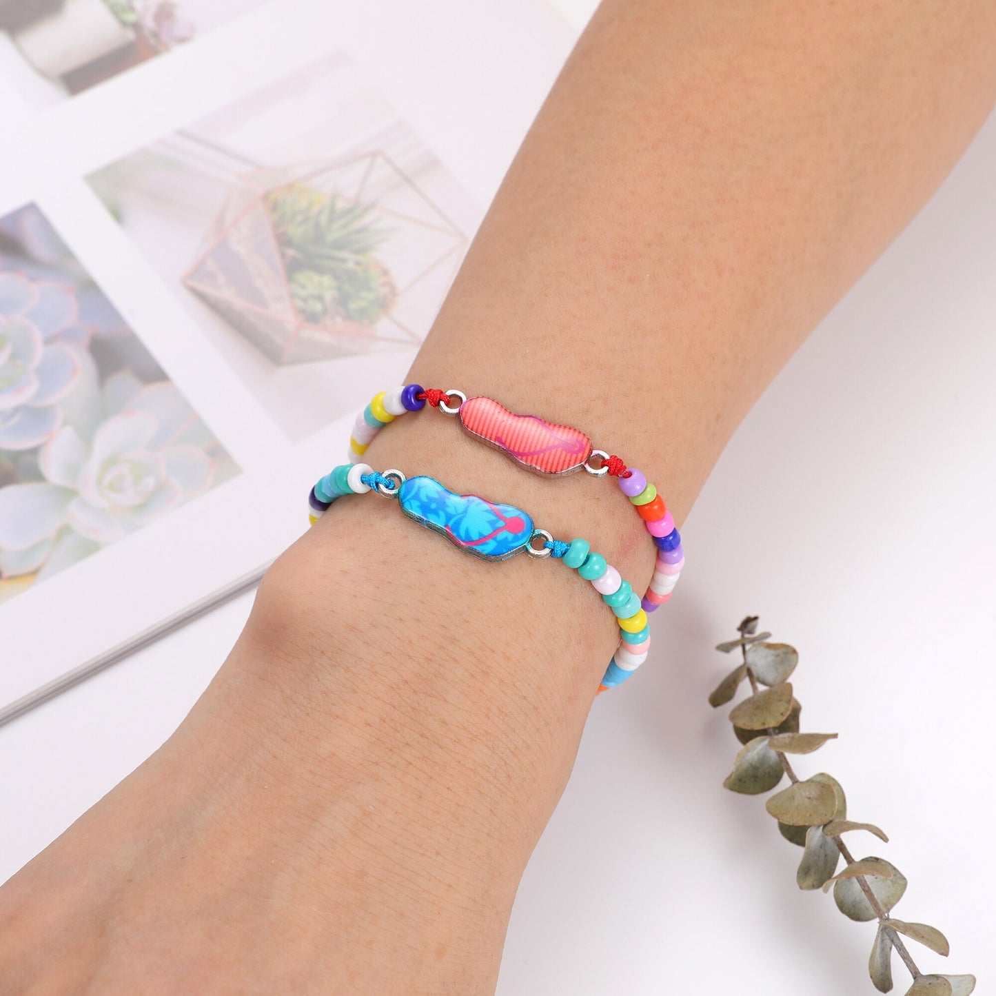 12 Pcs Creative Colorful Oil Painting Slippers Charm Bracelet for Girl Kids Handmade Bead Braided Chain Friendship BFF Gift