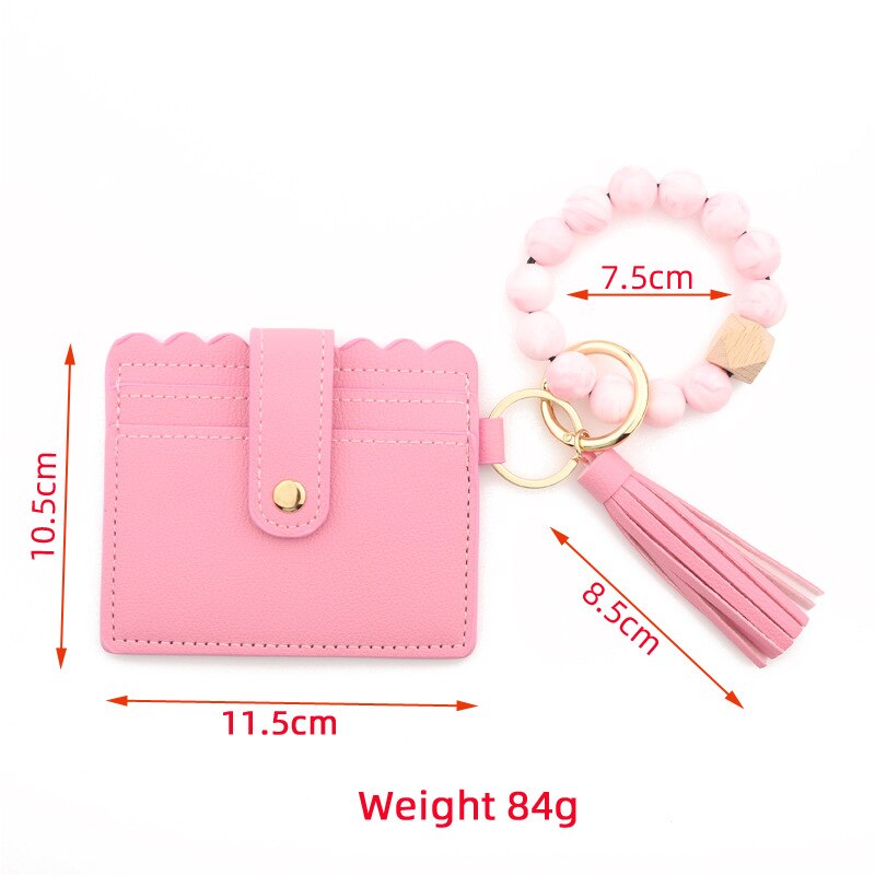 Fashion Silicone Beads Tassel Bracelet Wristlet Bangle with Wallet Key Card Holder Large Round Keyring for Women Handbag