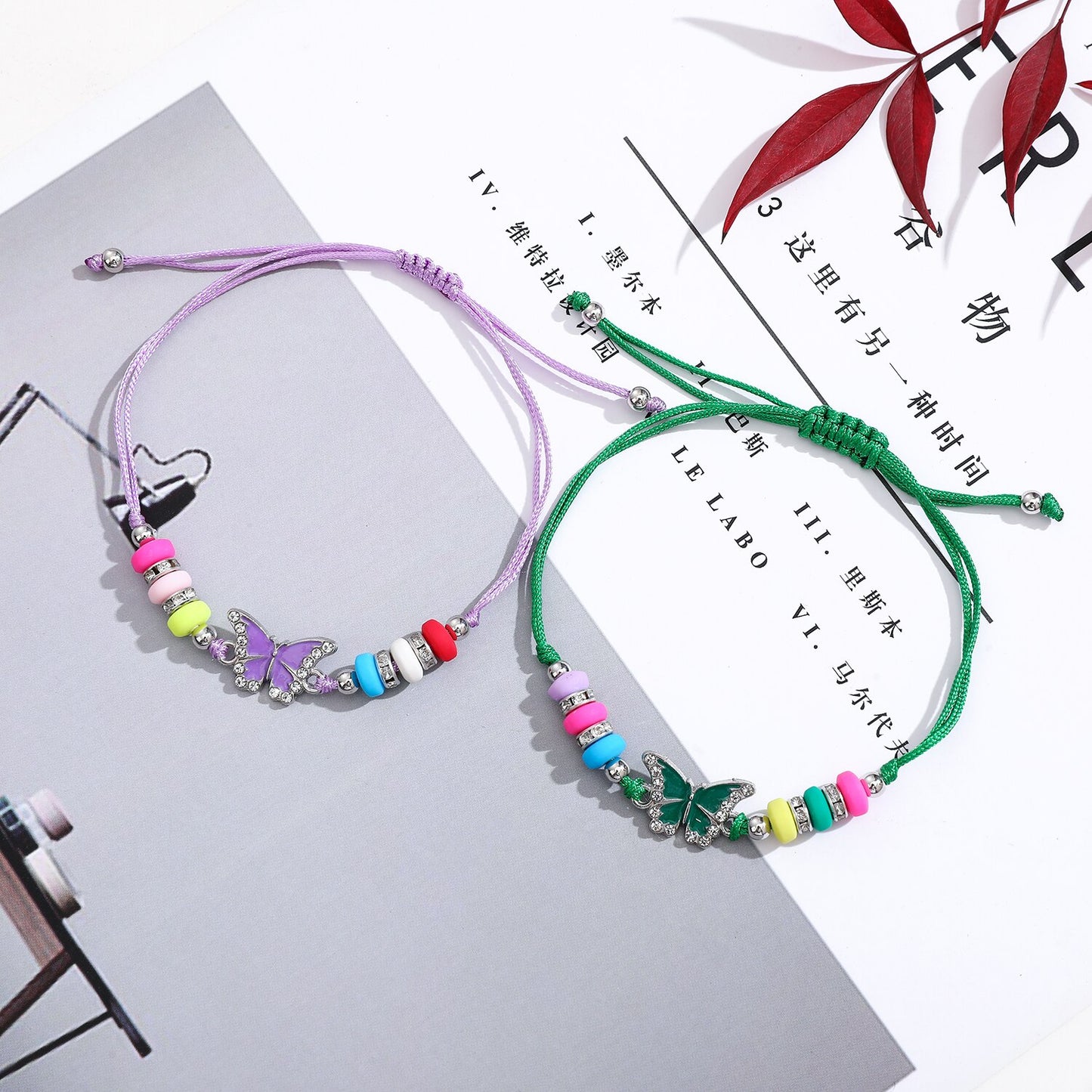 Boho Women 12pcs/Set Butterfly Pendant Charms Bracelet Candy Beaded Weave Adjustable Rope Chain Wristband Jewelry