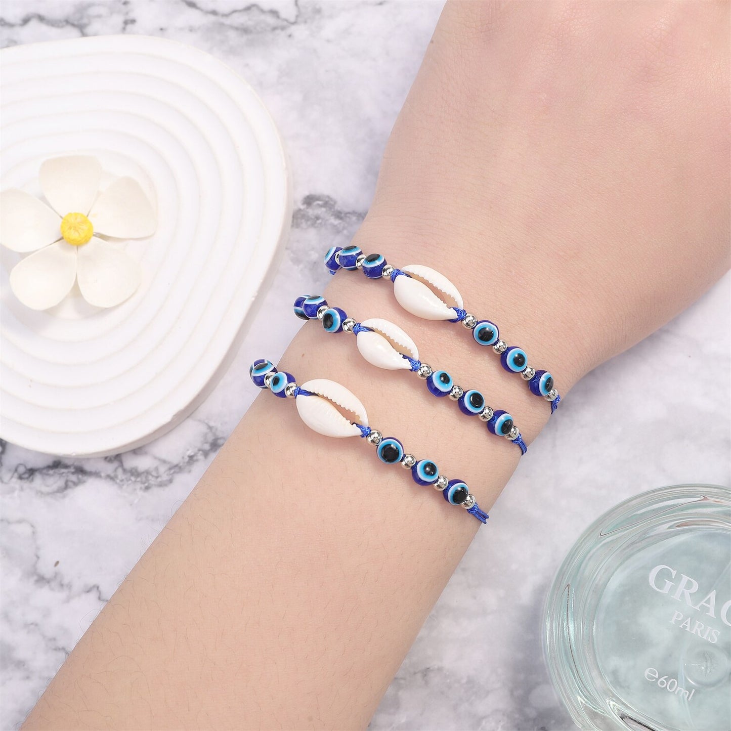 12pc/set Blue Evil Eye Beads Shell Charms Bracelets Men Women Adjustable Ocean Beach Vacation Jewelry Handmade Braided Anklet